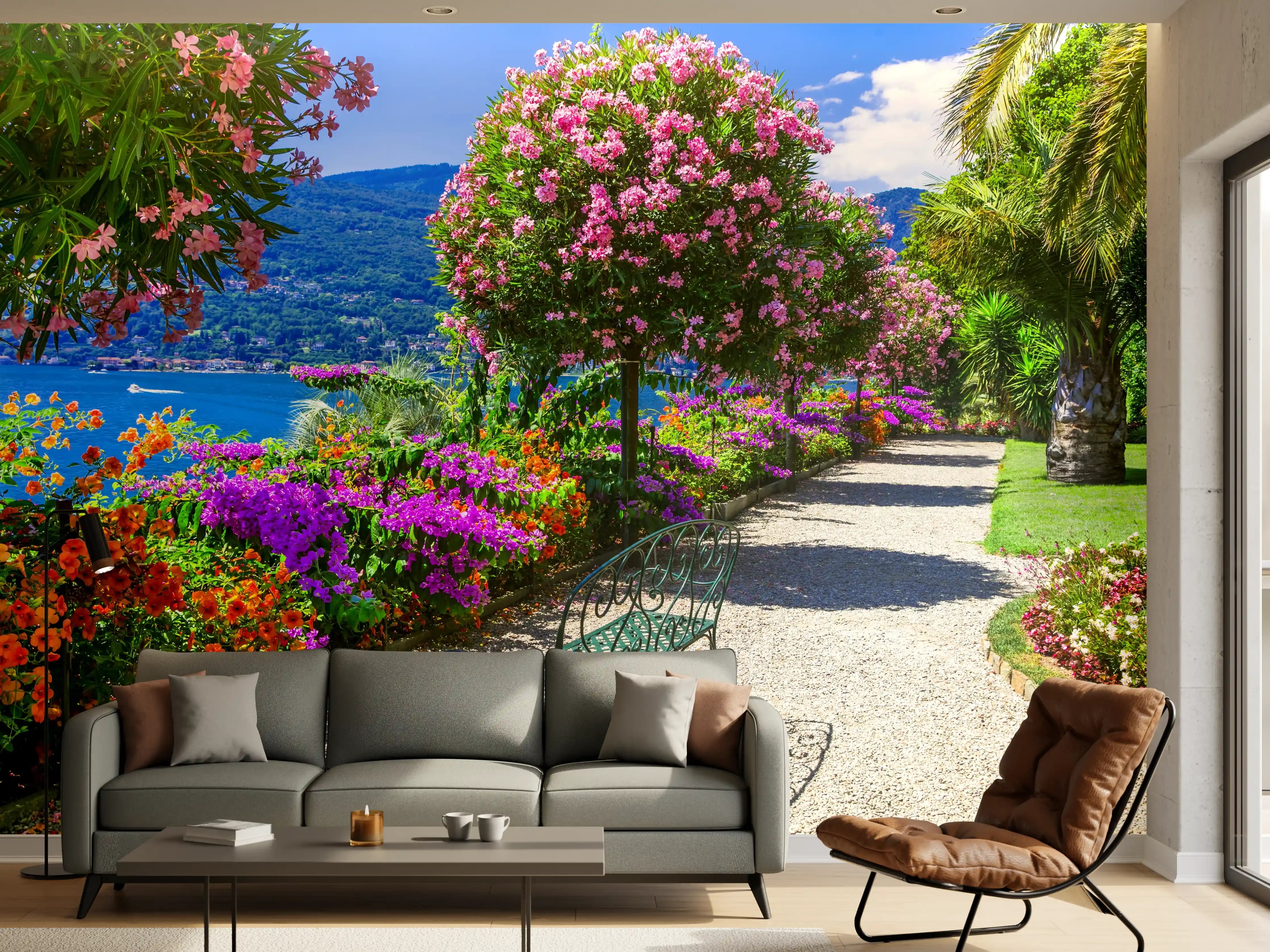 Wandverkleidung Wohnzimmer - Bunte Blumenpracht am See
