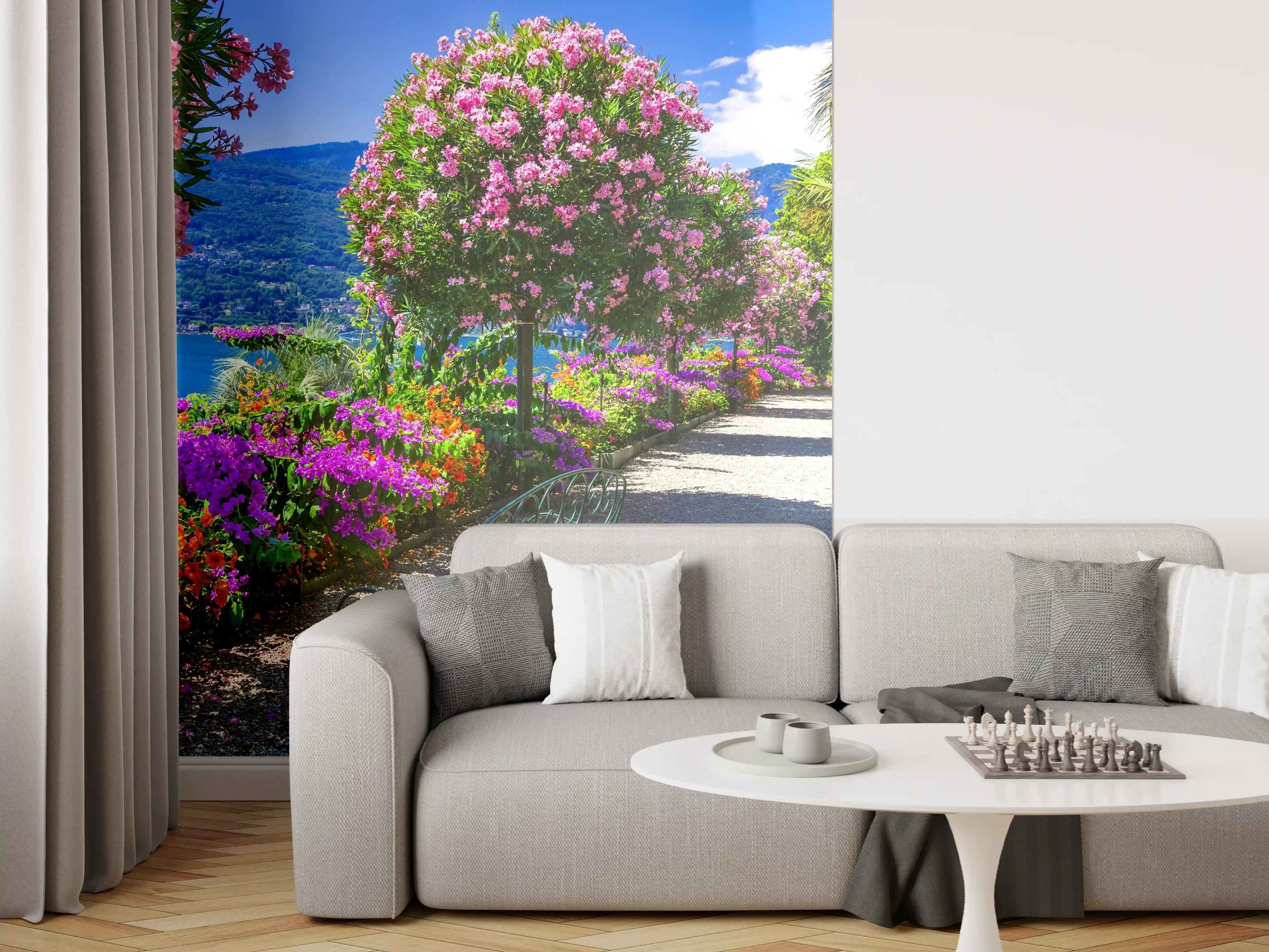 Wandverkleidung Wohnzimmer - Bunte Blumenpracht am See
