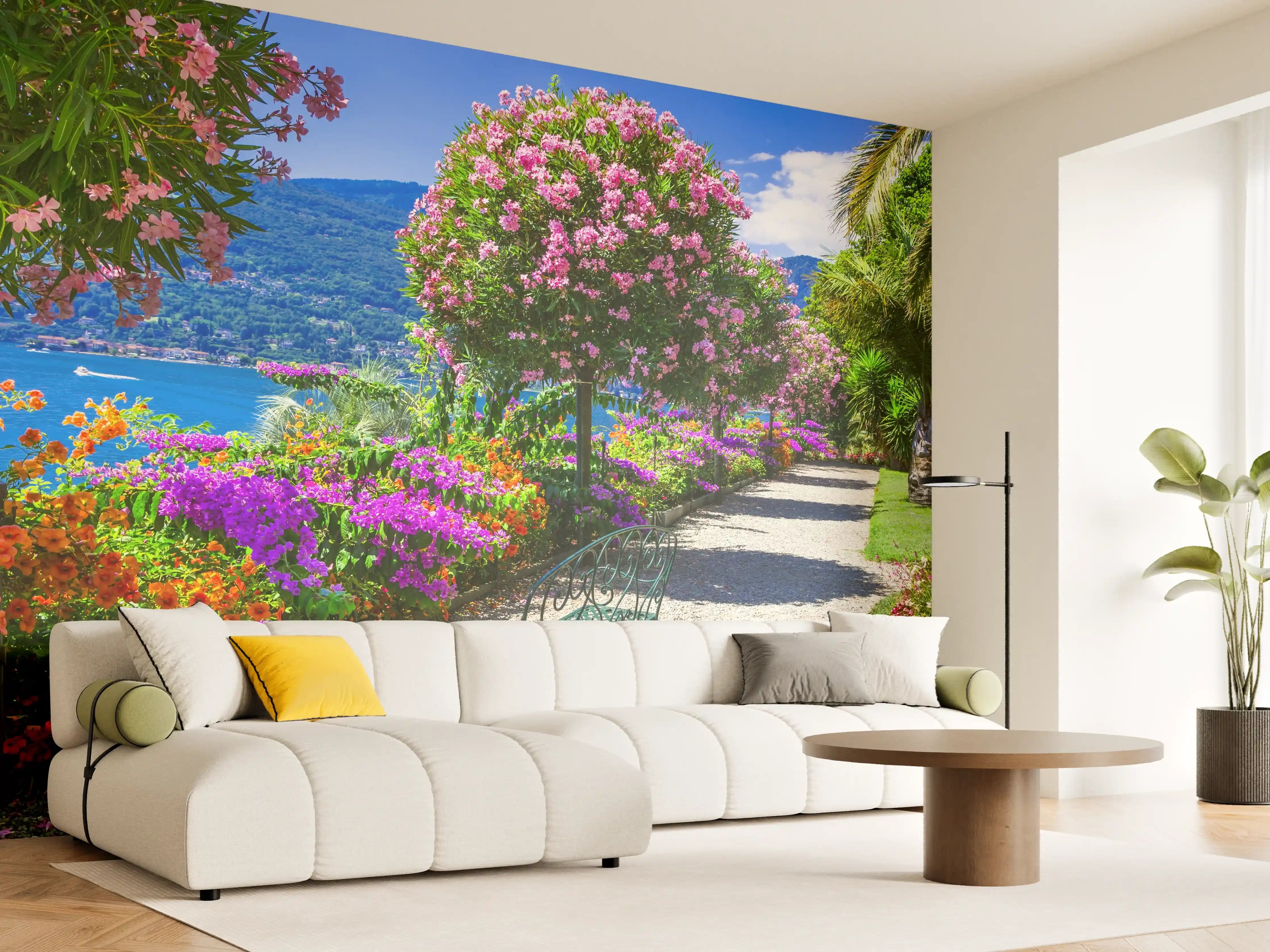 Wandverkleidung Wohnzimmer - Bunte Blumenpracht am See