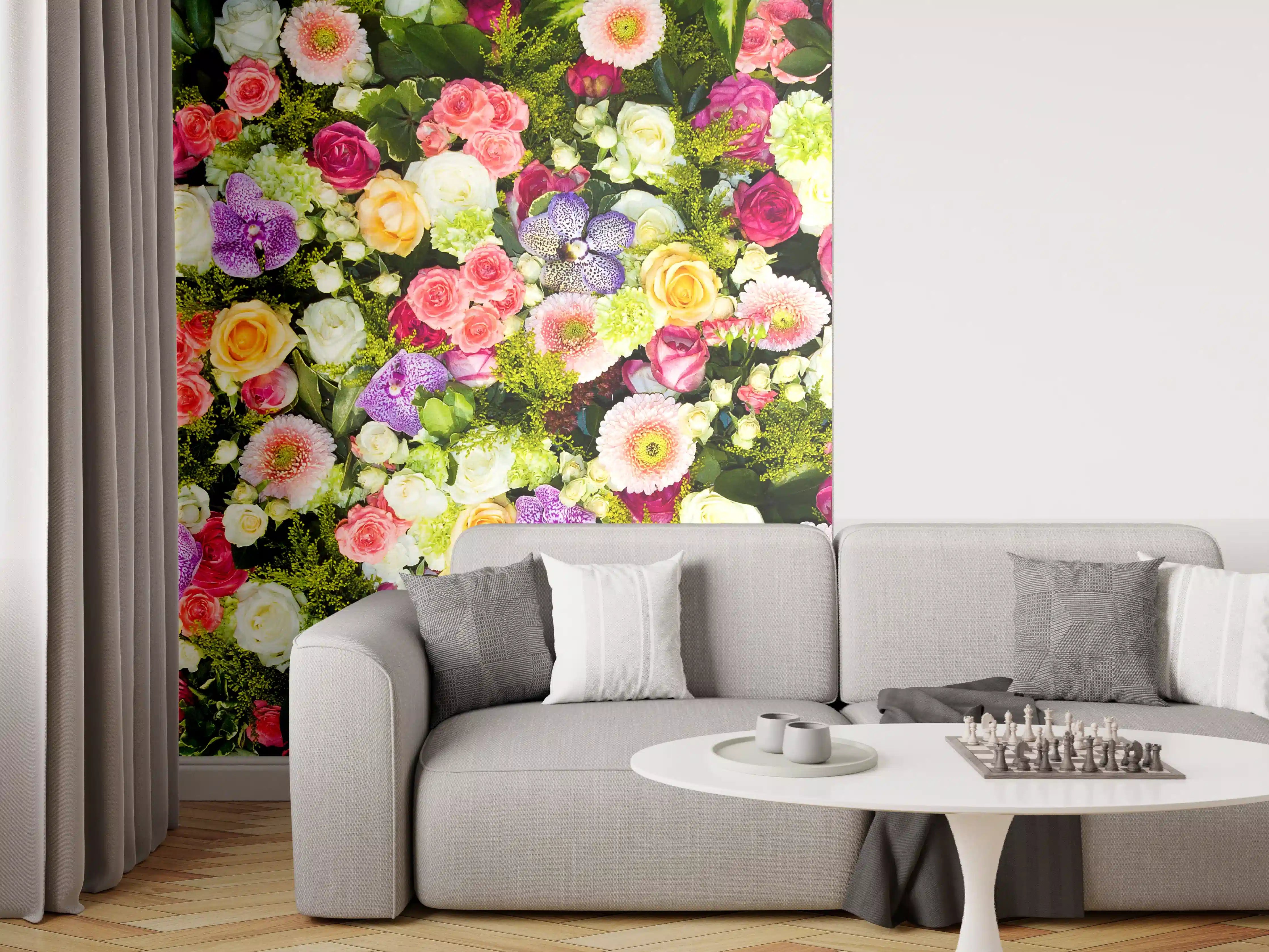 Wandverkleidung Wohnzimmer - Bunte Blumenpracht voller Frische