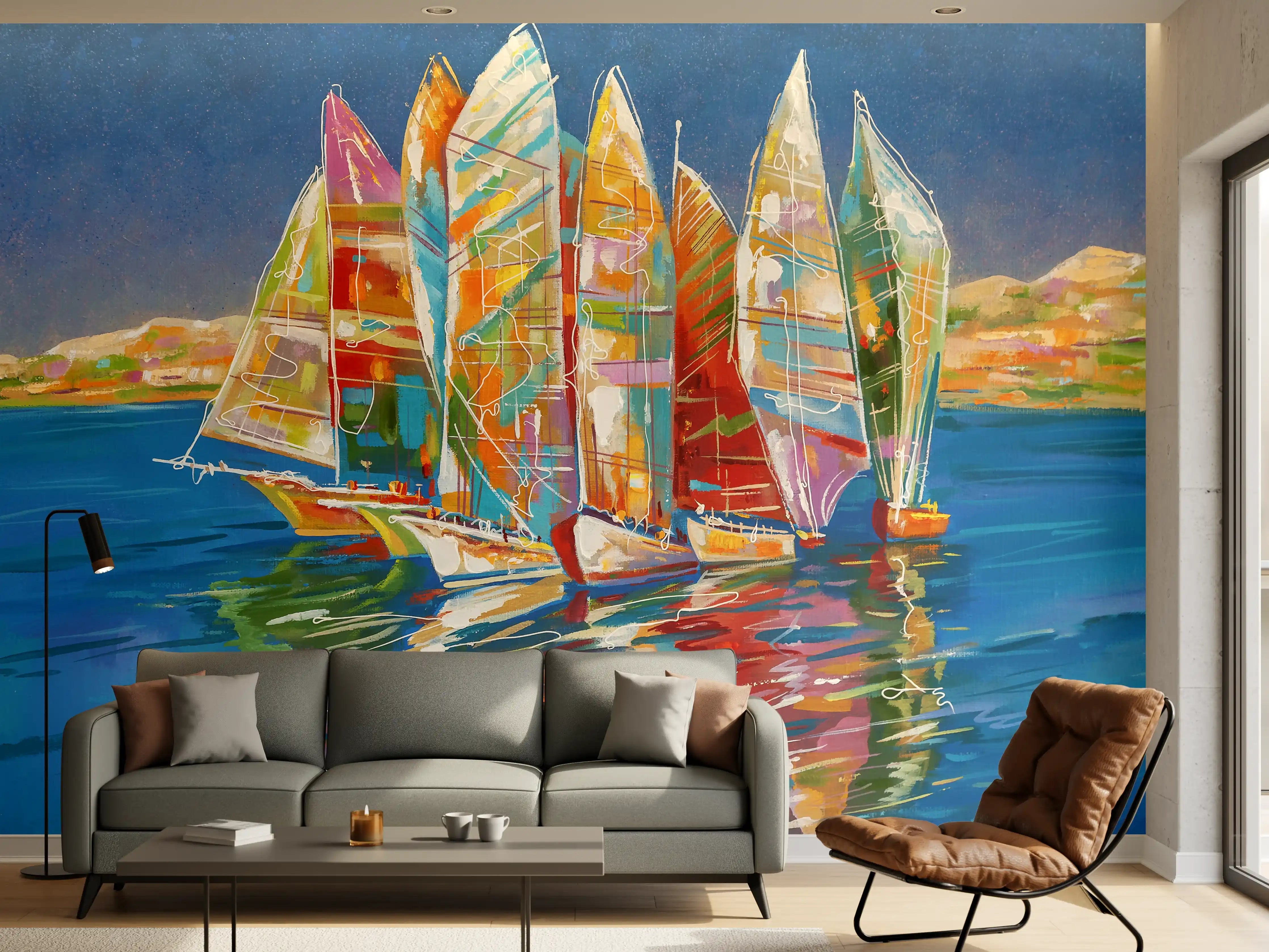 Wandverkleidung Wohnzimmer - Bunte Boote auf dem Meer - Ölgemälde