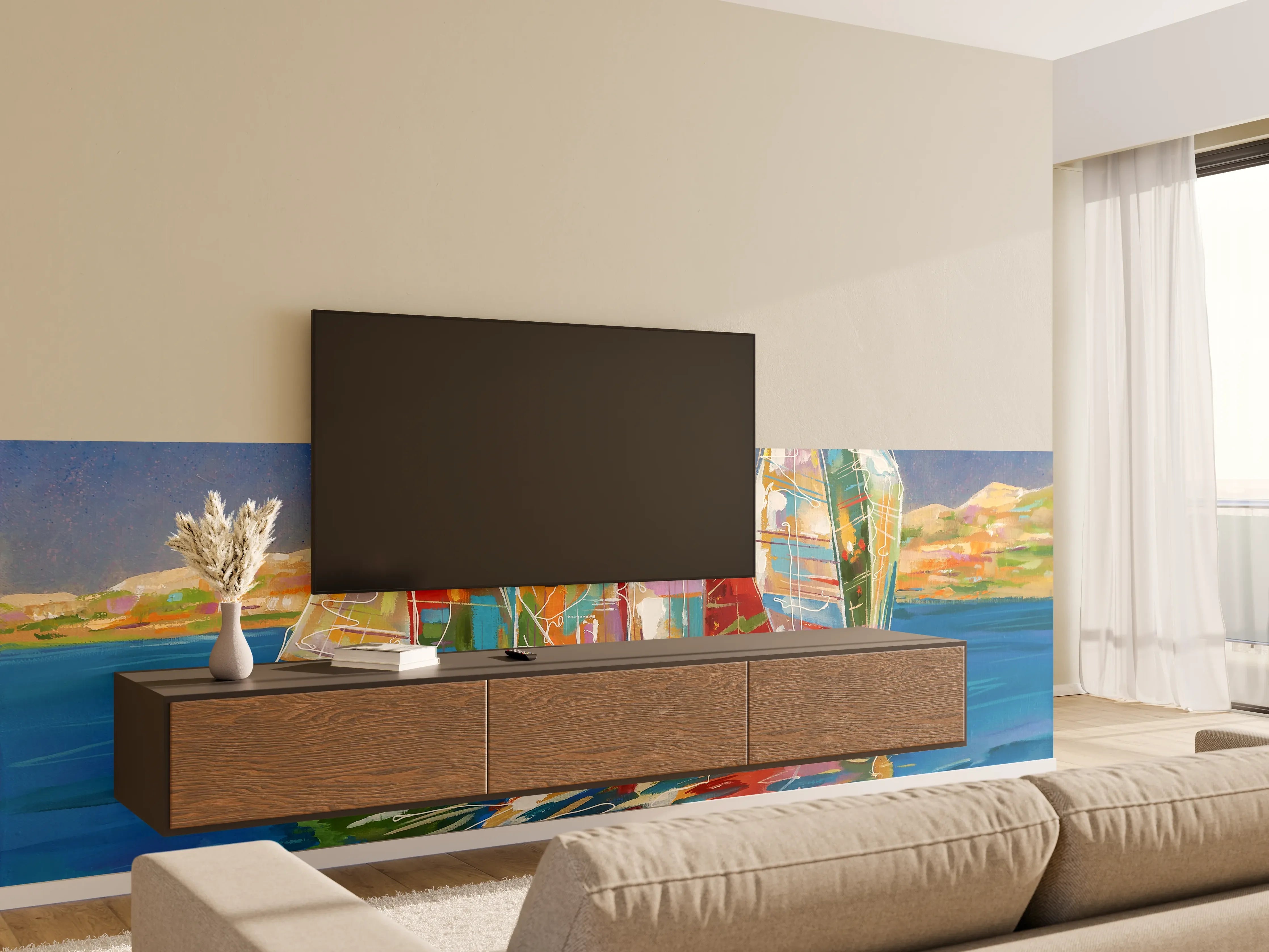 Wandverkleidung Wohnzimmer - Bunte Boote auf dem Meer - Ölgemälde
