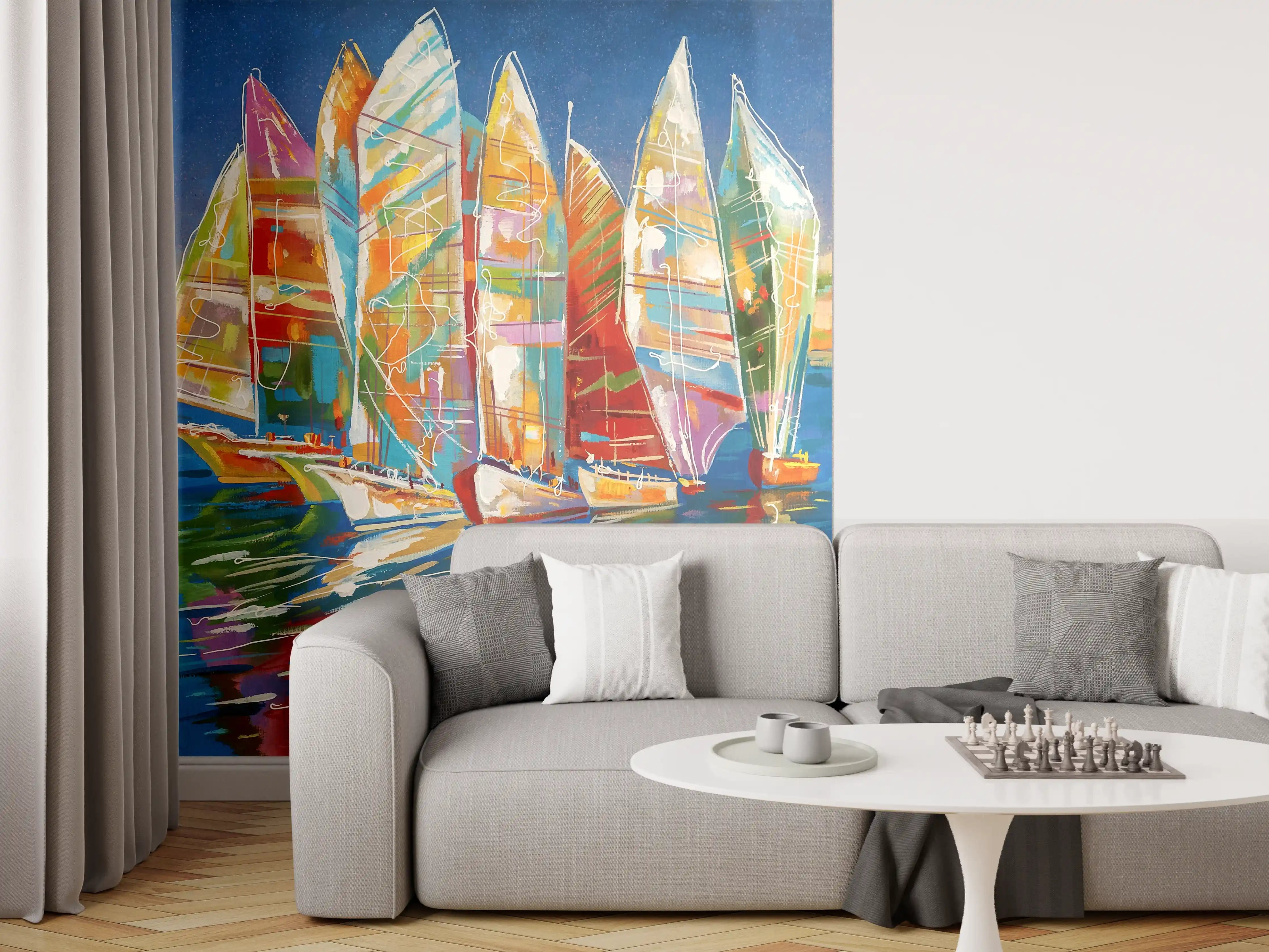 Wandverkleidung Wohnzimmer - Bunte Boote auf dem Meer - Ölgemälde