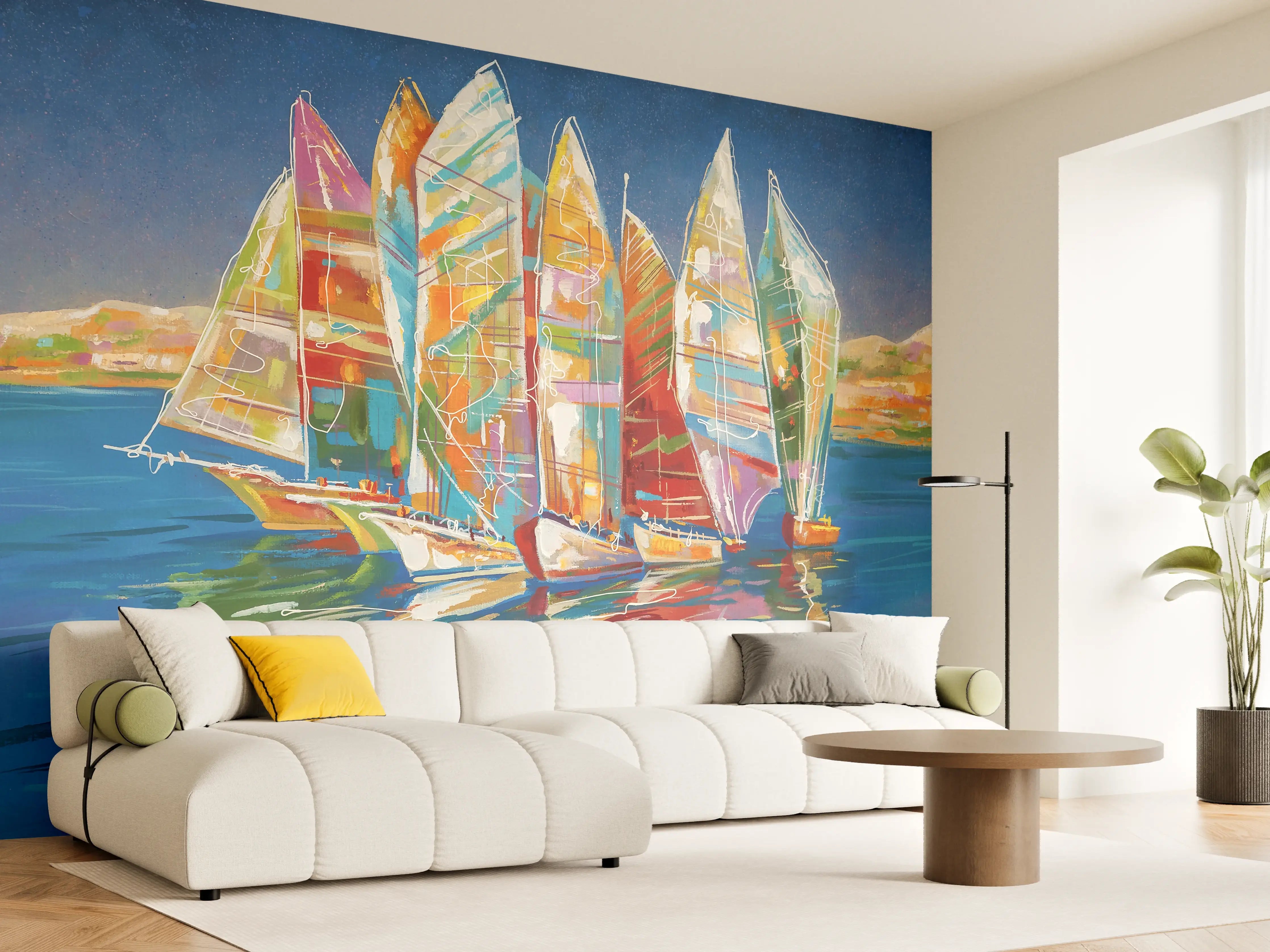 Wandverkleidung Wohnzimmer - Bunte Boote auf dem Meer - Ölgemälde