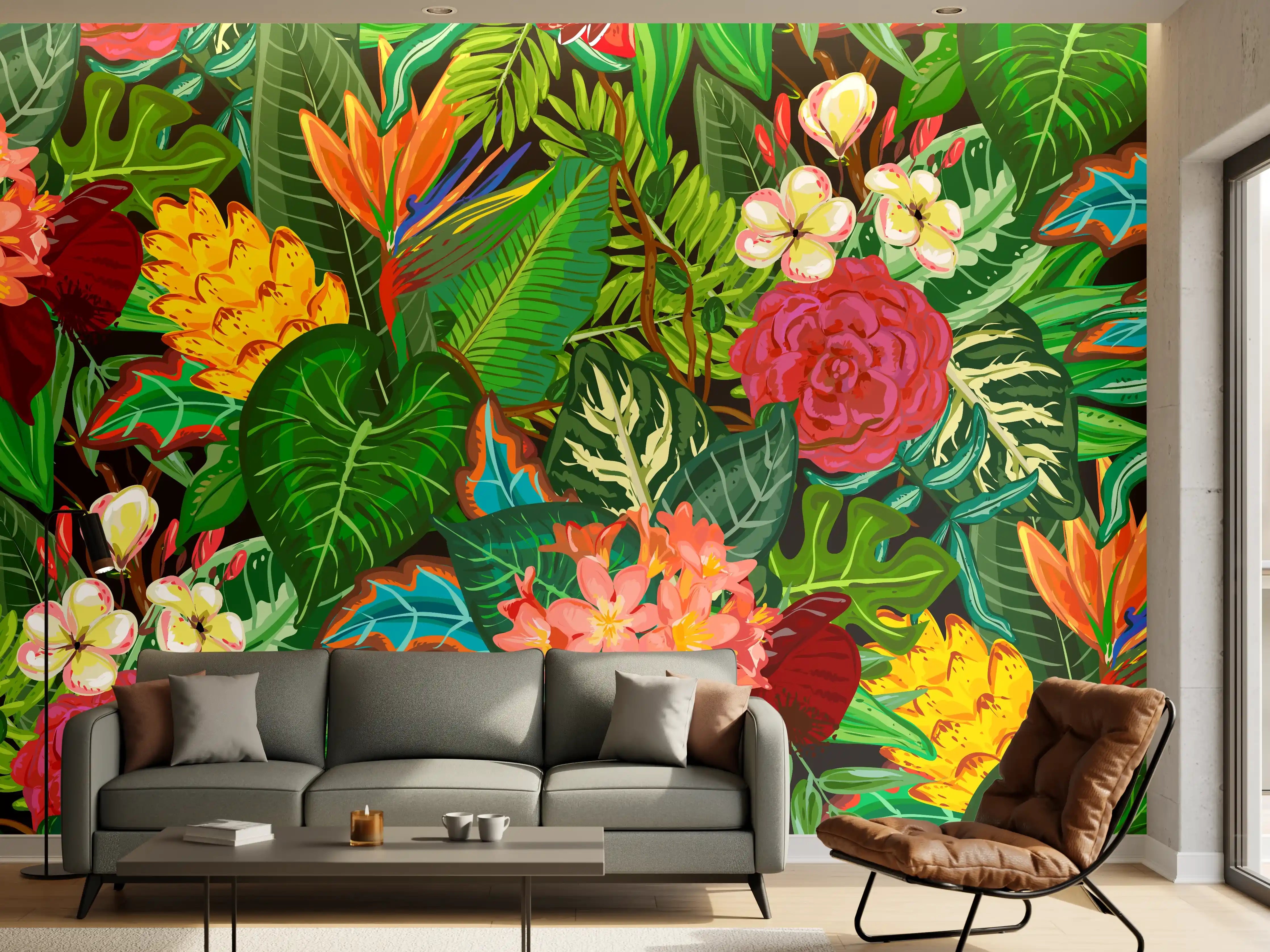 Wandverkleidung Wohnzimmer - Bunte Dschungel-Muster-Tapete