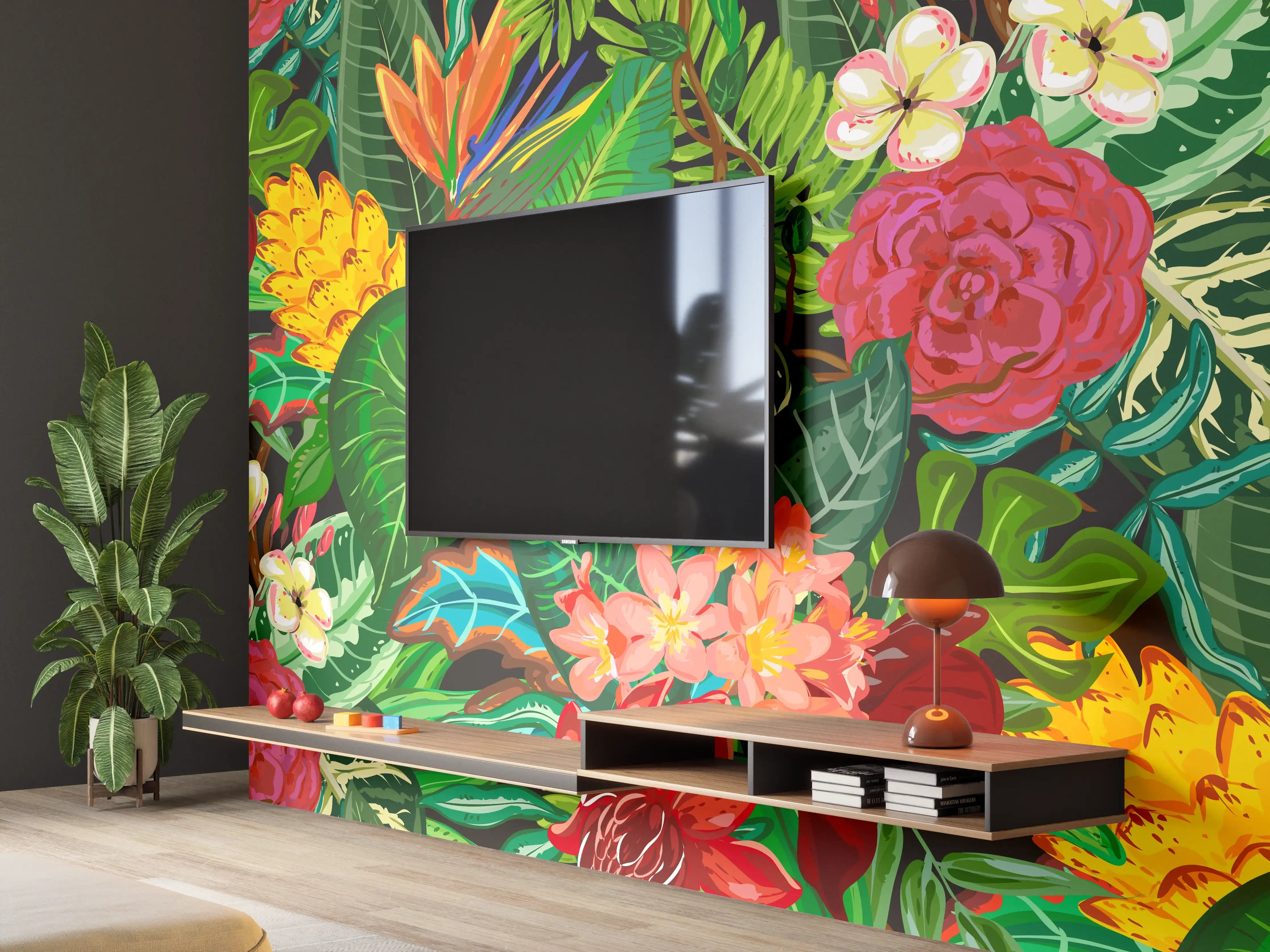 Wandverkleidung Wohnzimmer - Bunte Dschungel-Muster-Tapete