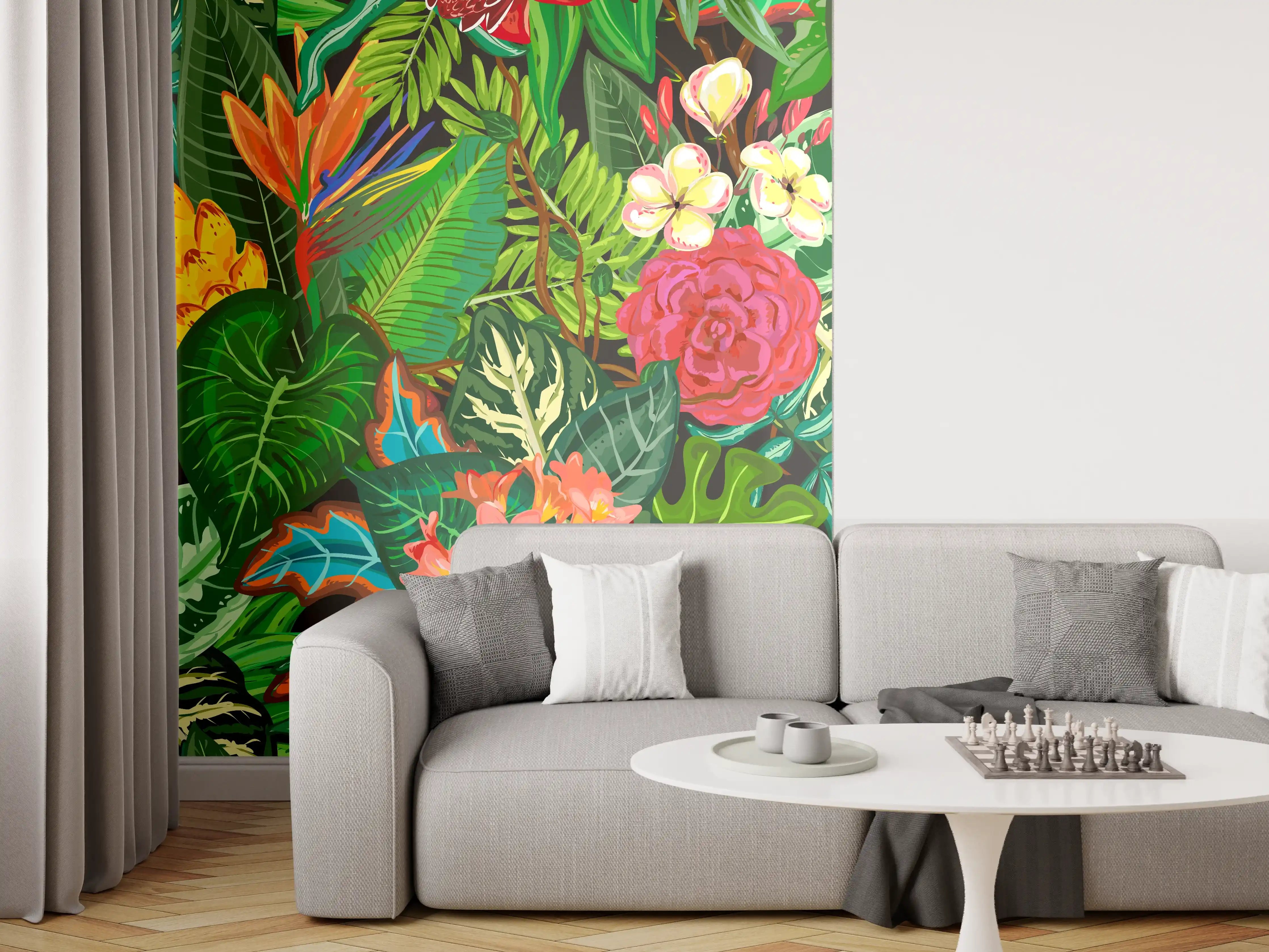 Wandverkleidung Wohnzimmer - Bunte Dschungel-Muster-Tapete