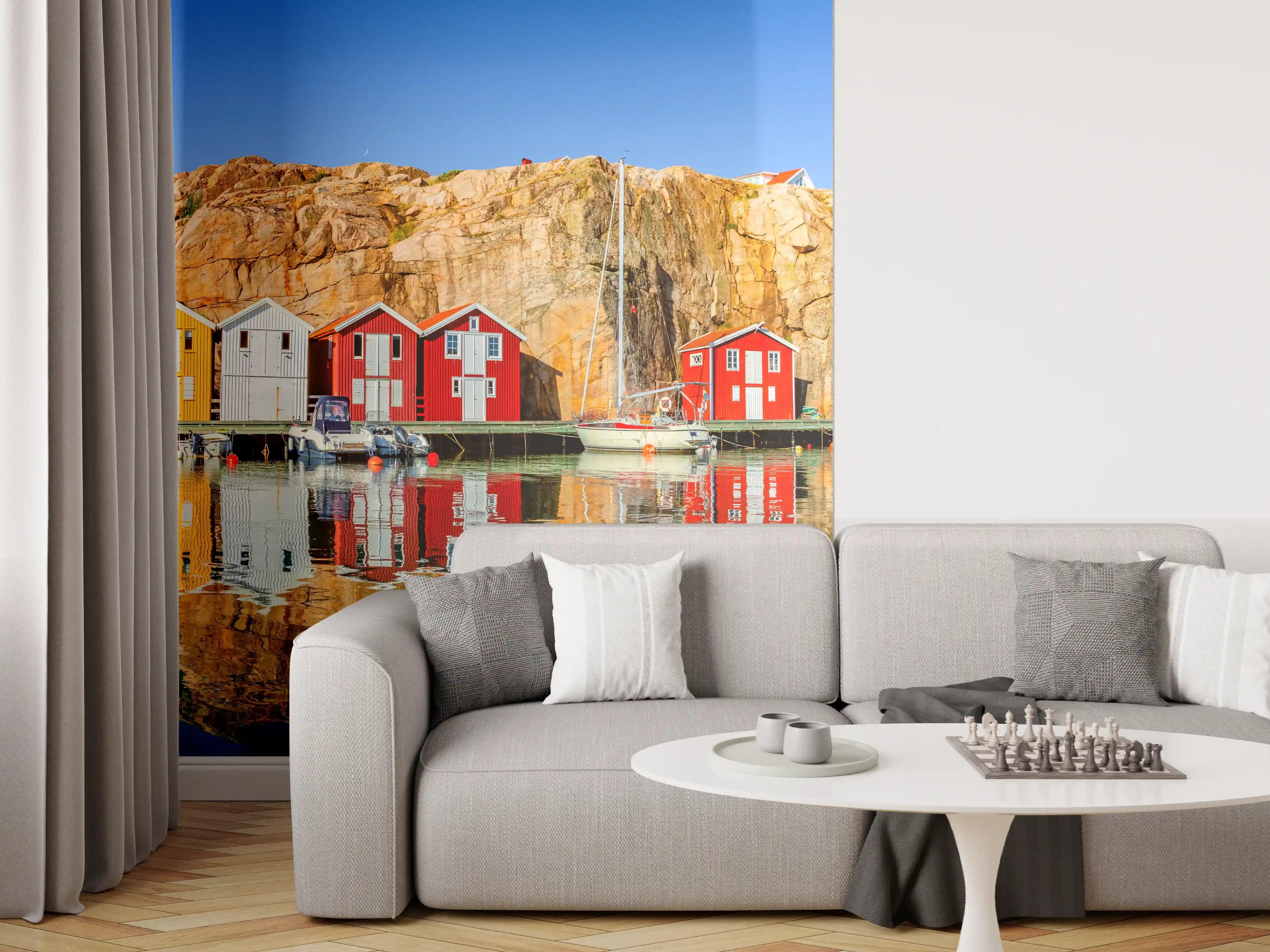 Wandverkleidung Wohnzimmer - Bunte Fischerhäuser in Schweden