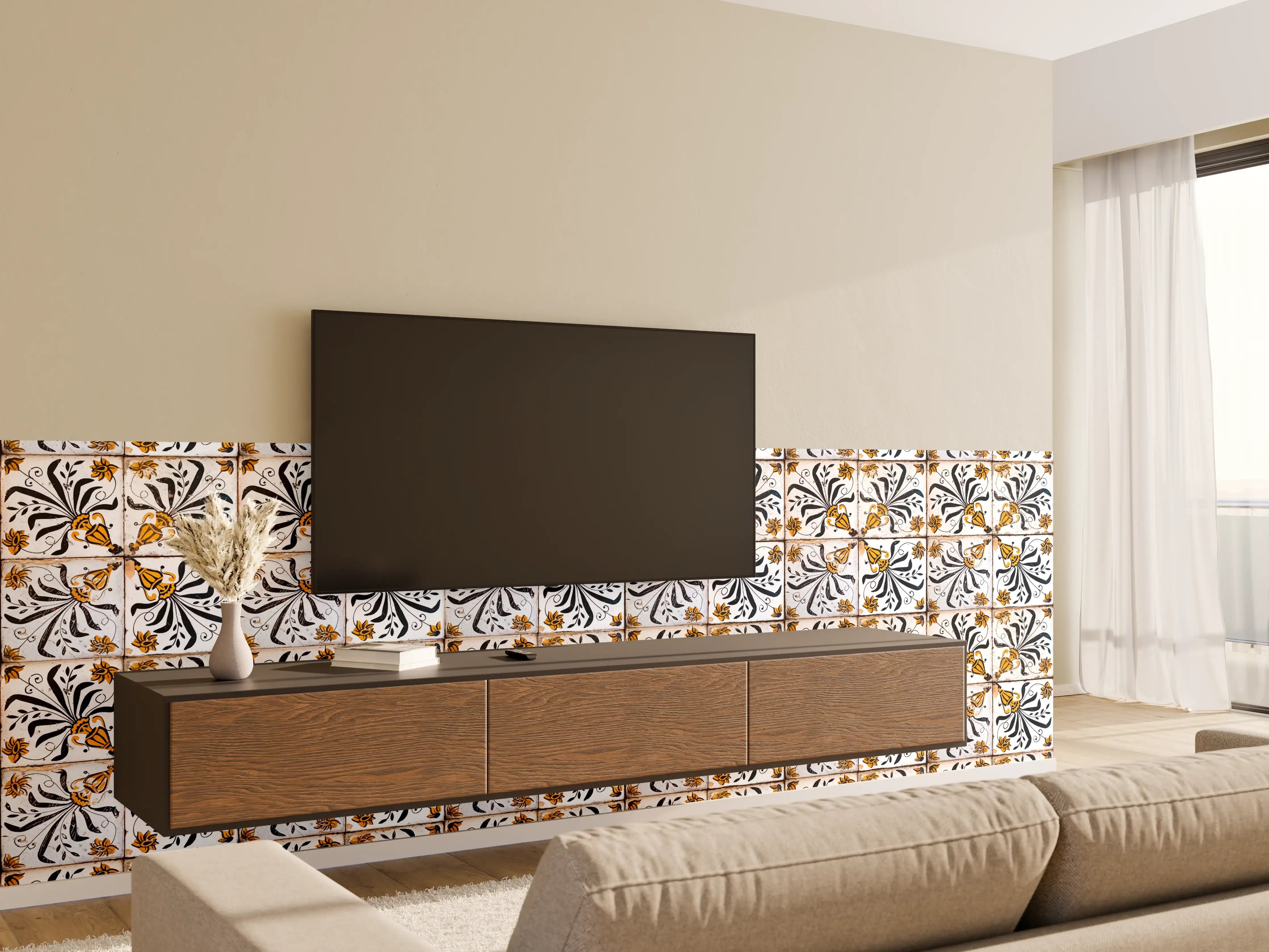 Wandverkleidung Wohnzimmer - Bunte Fliesen mit Muster in Blau, Weiß, Schwarz und Gold