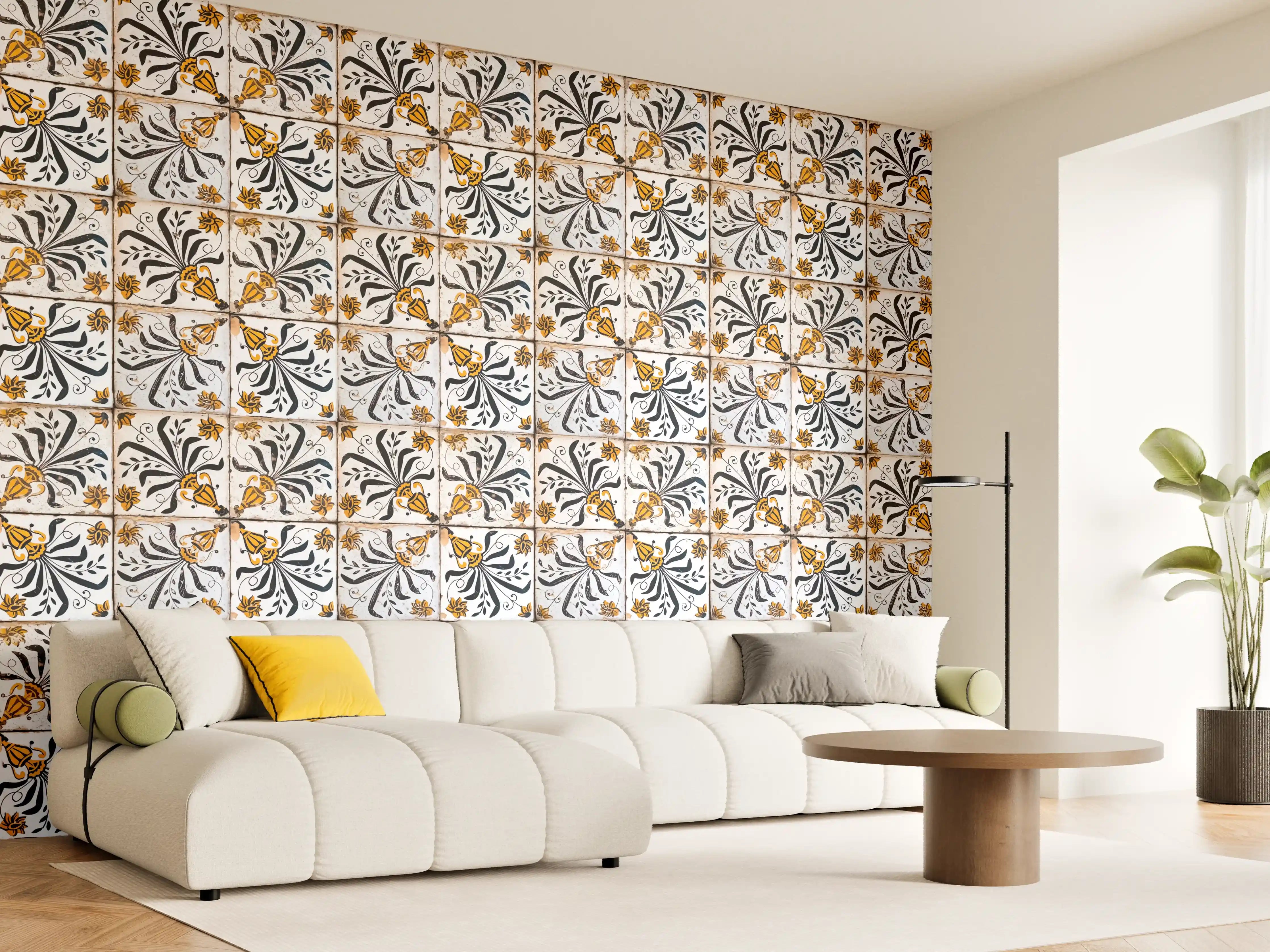 Wandverkleidung Wohnzimmer - Bunte Fliesen mit Muster in Blau, Weiß, Schwarz und Gold