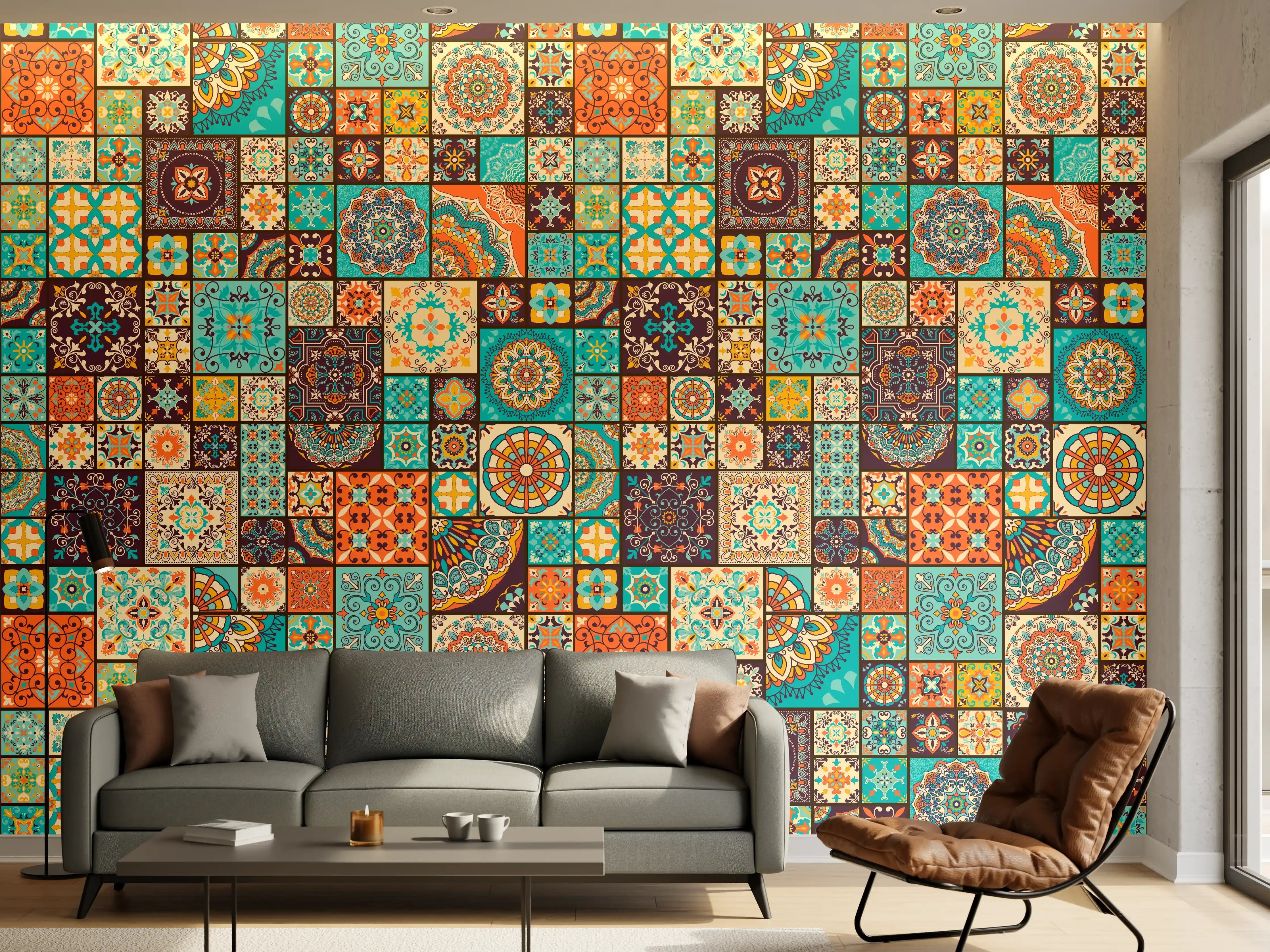 Wandverkleidung Wohnzimmer - Bunte Fliesenmuster - Mediterranes Design