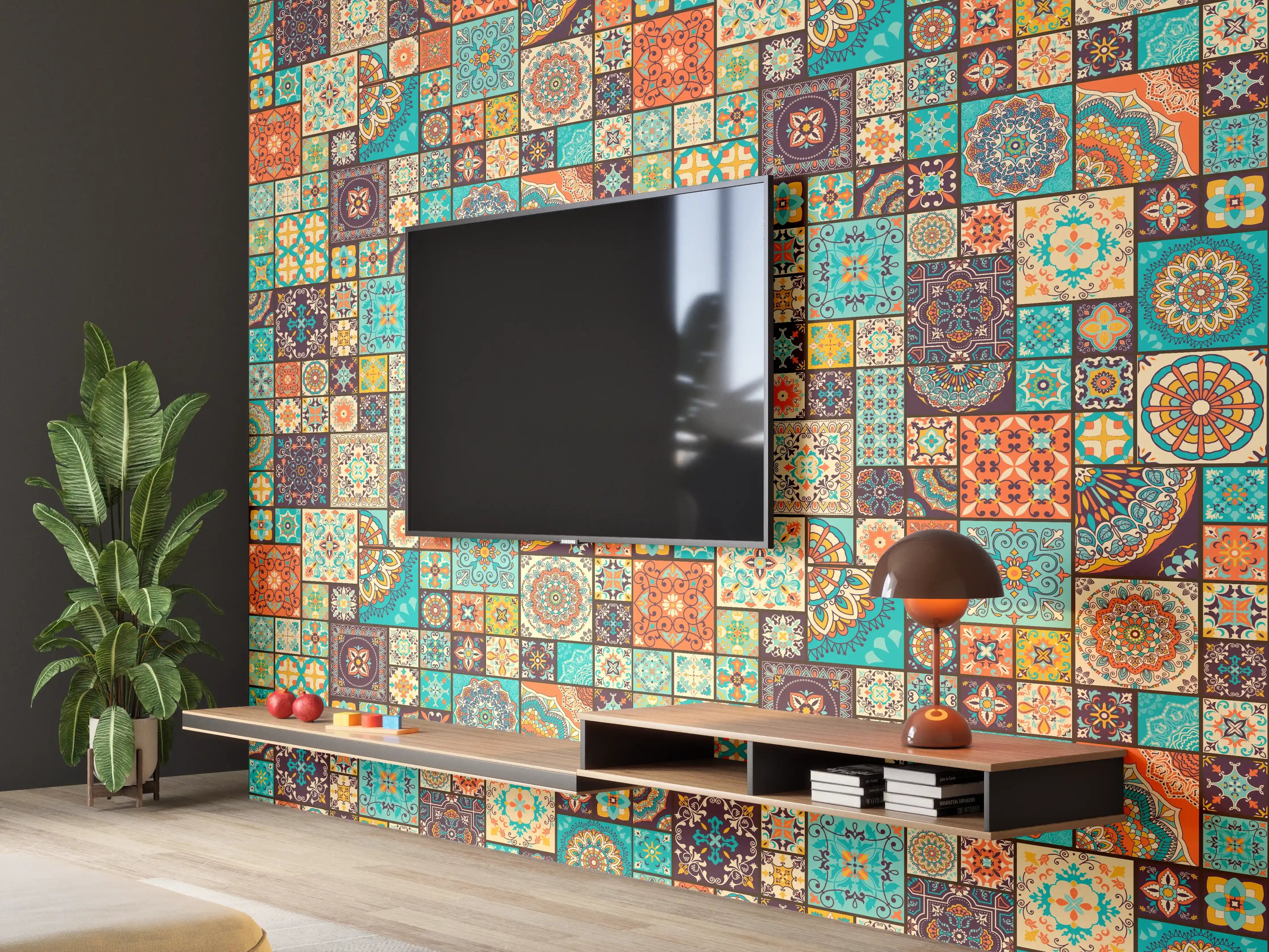Wandverkleidung Wohnzimmer - Bunte Fliesenmuster - Mediterranes Design