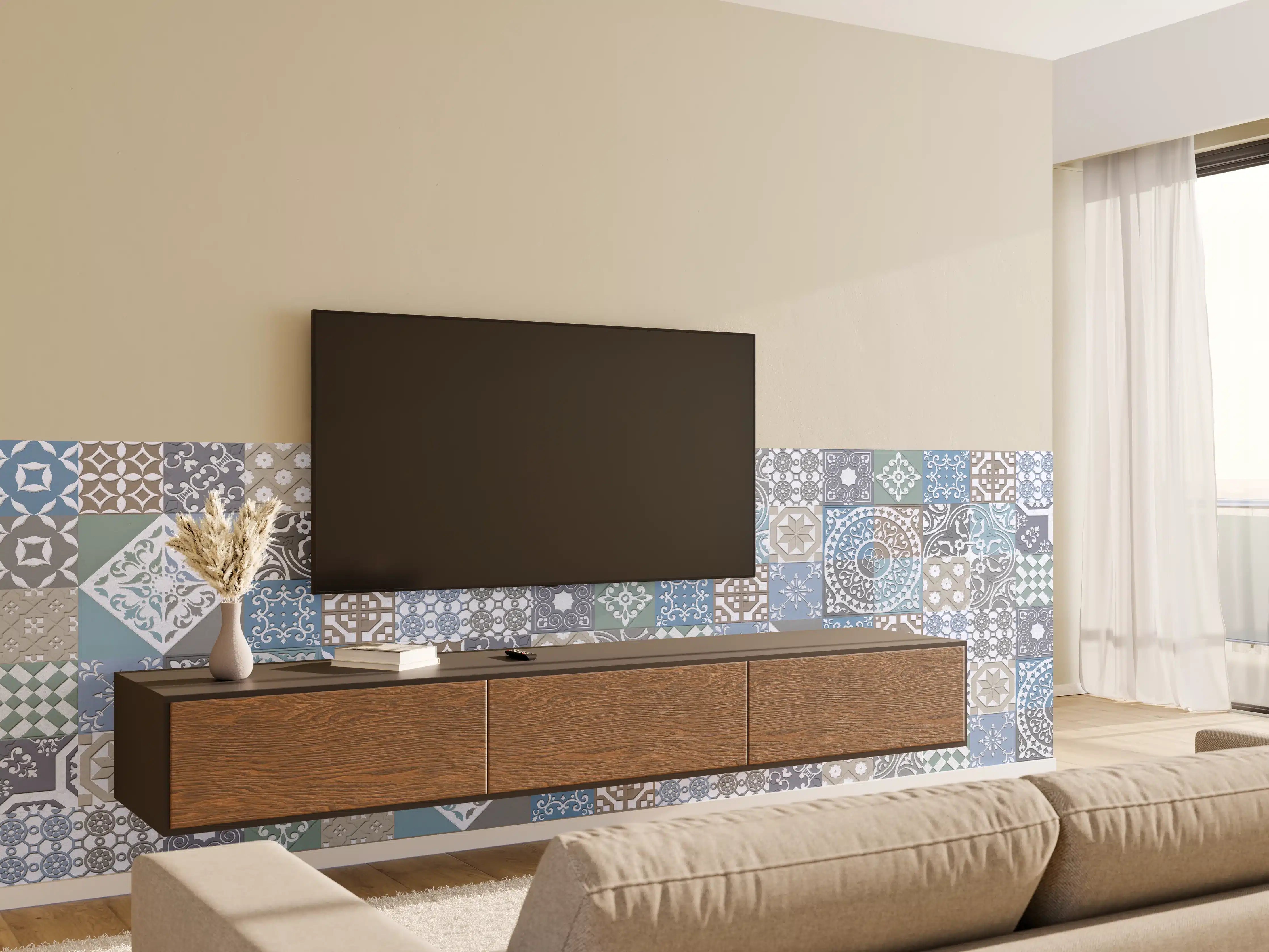 Wandverkleidung Wohnzimmer - Bunte Fliesenmuster in Blau, Grau und Beigetönen