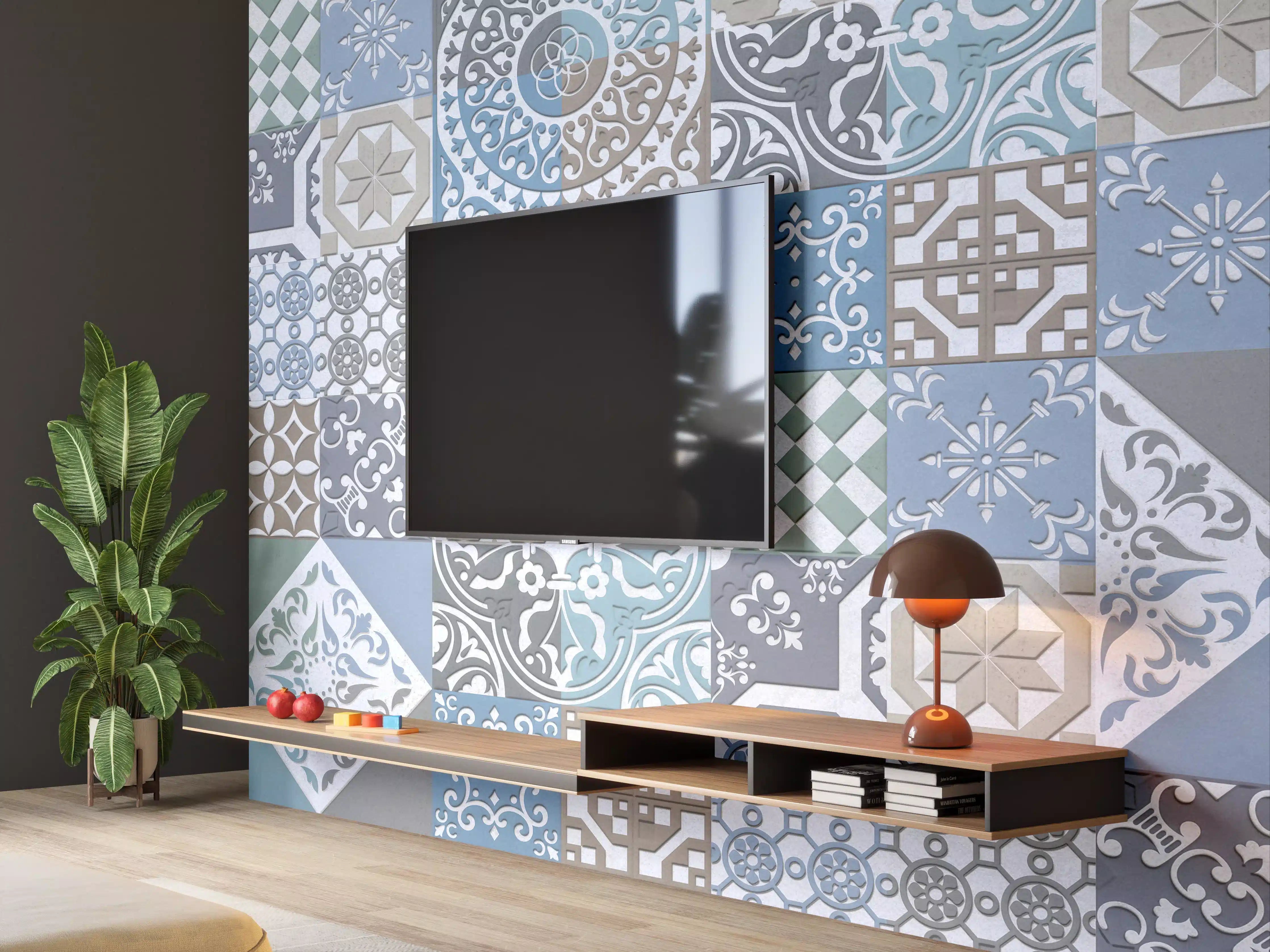 Wandverkleidung Wohnzimmer - Bunte Fliesenmuster in Blau, Grau und Beigetönen