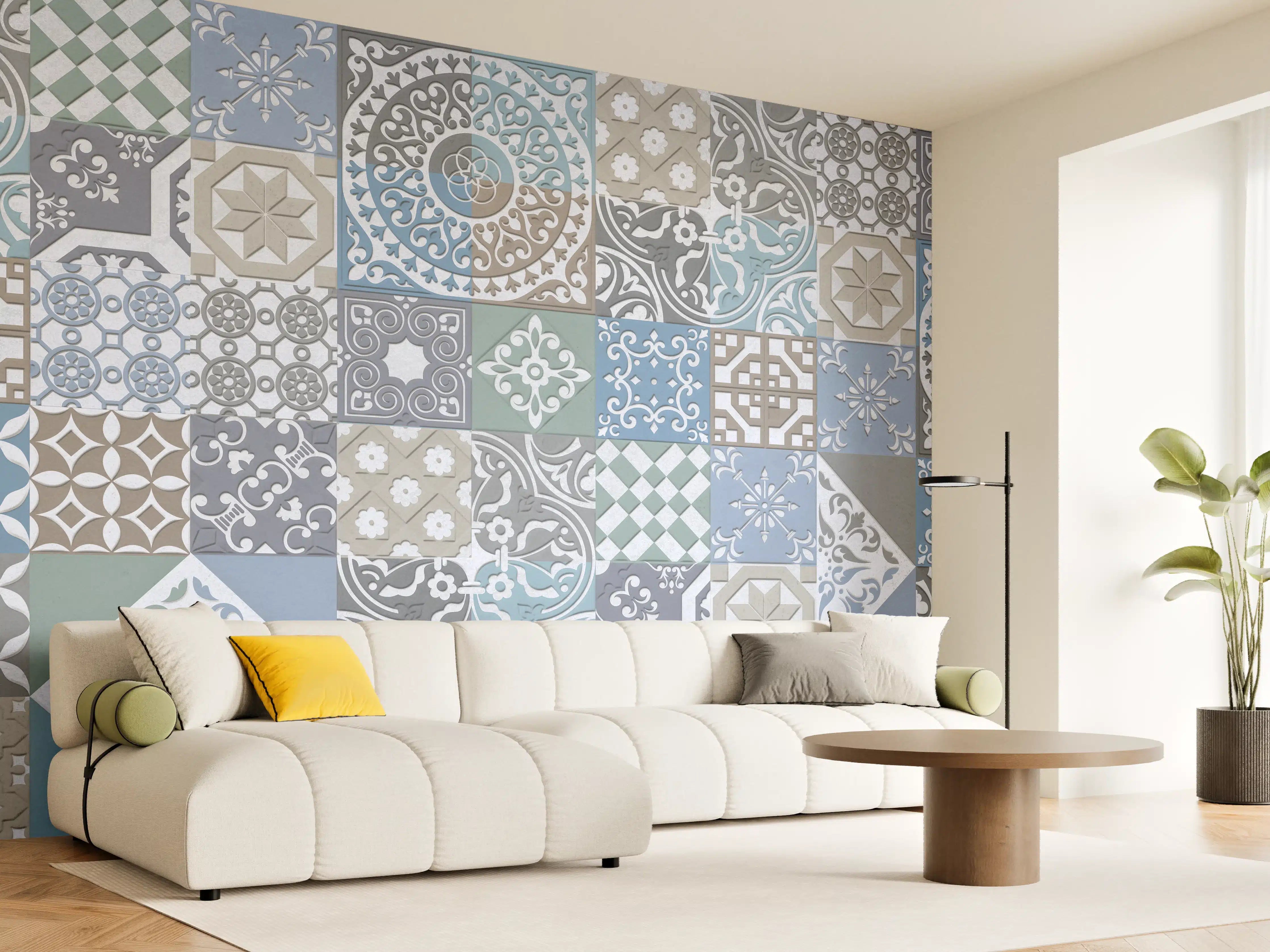 Wandverkleidung Wohnzimmer - Bunte Fliesenmuster in Blau, Grau und Beigetönen