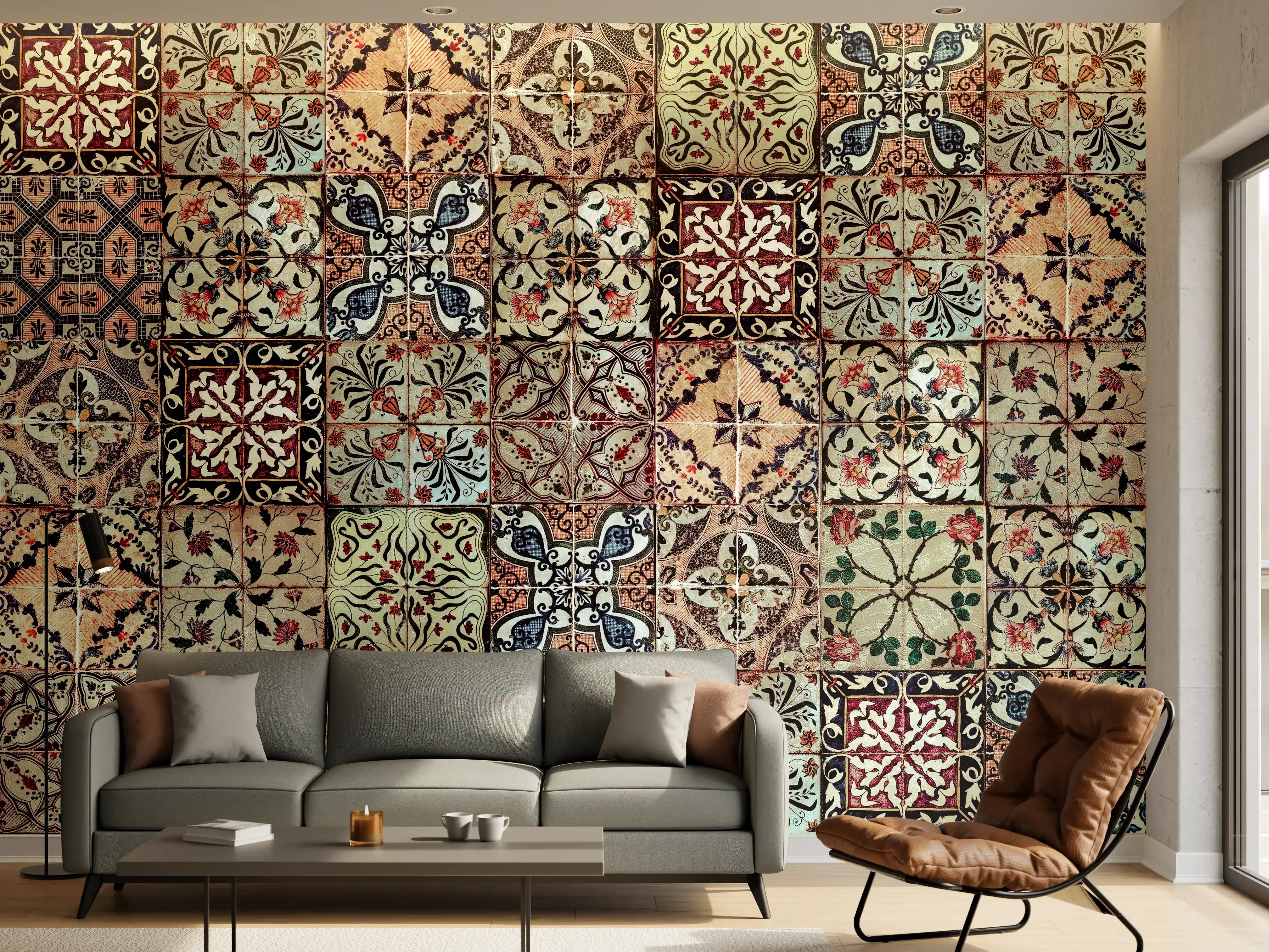 Wandverkleidung Wohnzimmer - Bunte Fliesenmuster mit vintage Charme