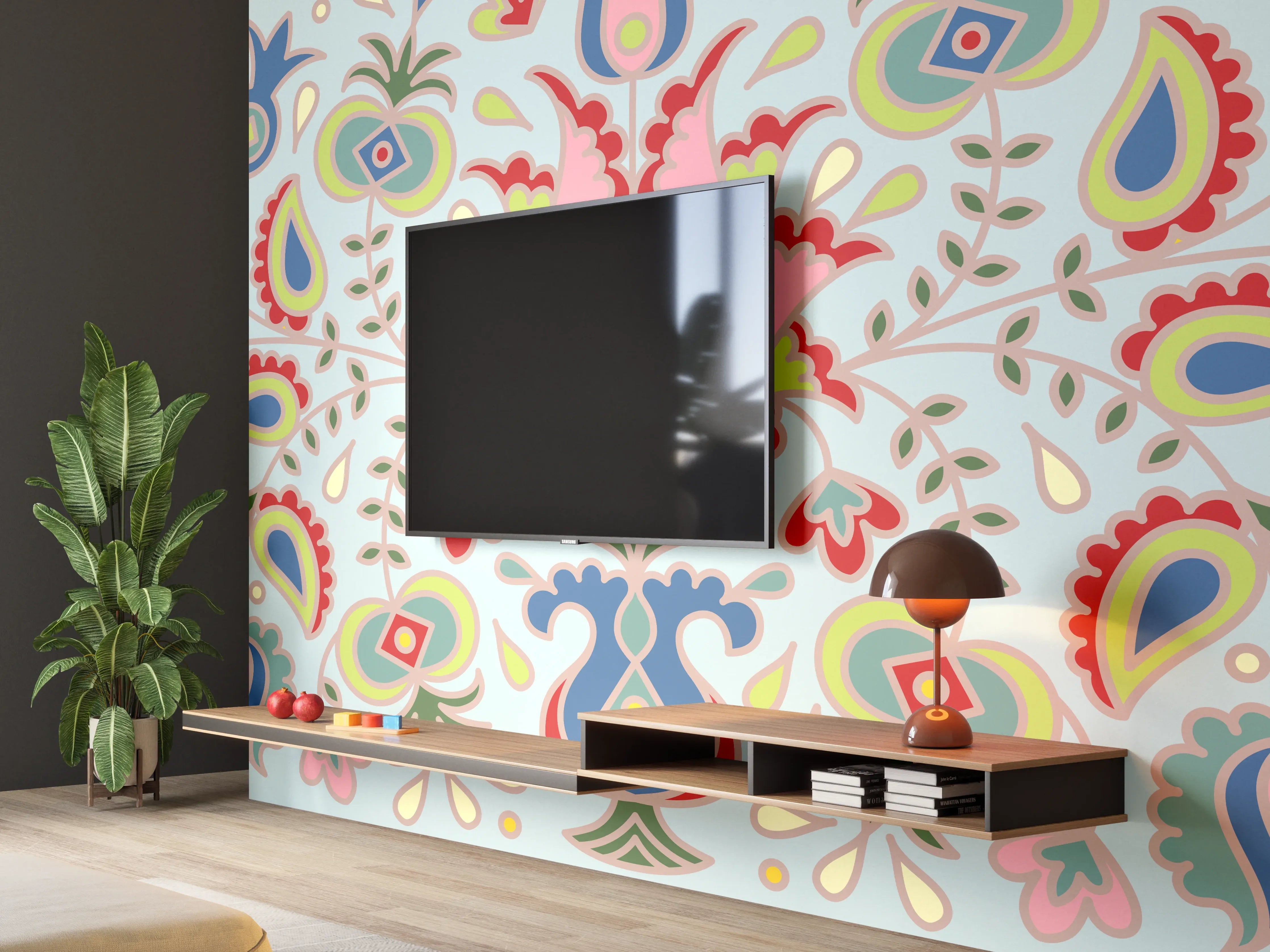 Wandverkleidung Wohnzimmer - Bunte Folklore-Muster Textilprint
