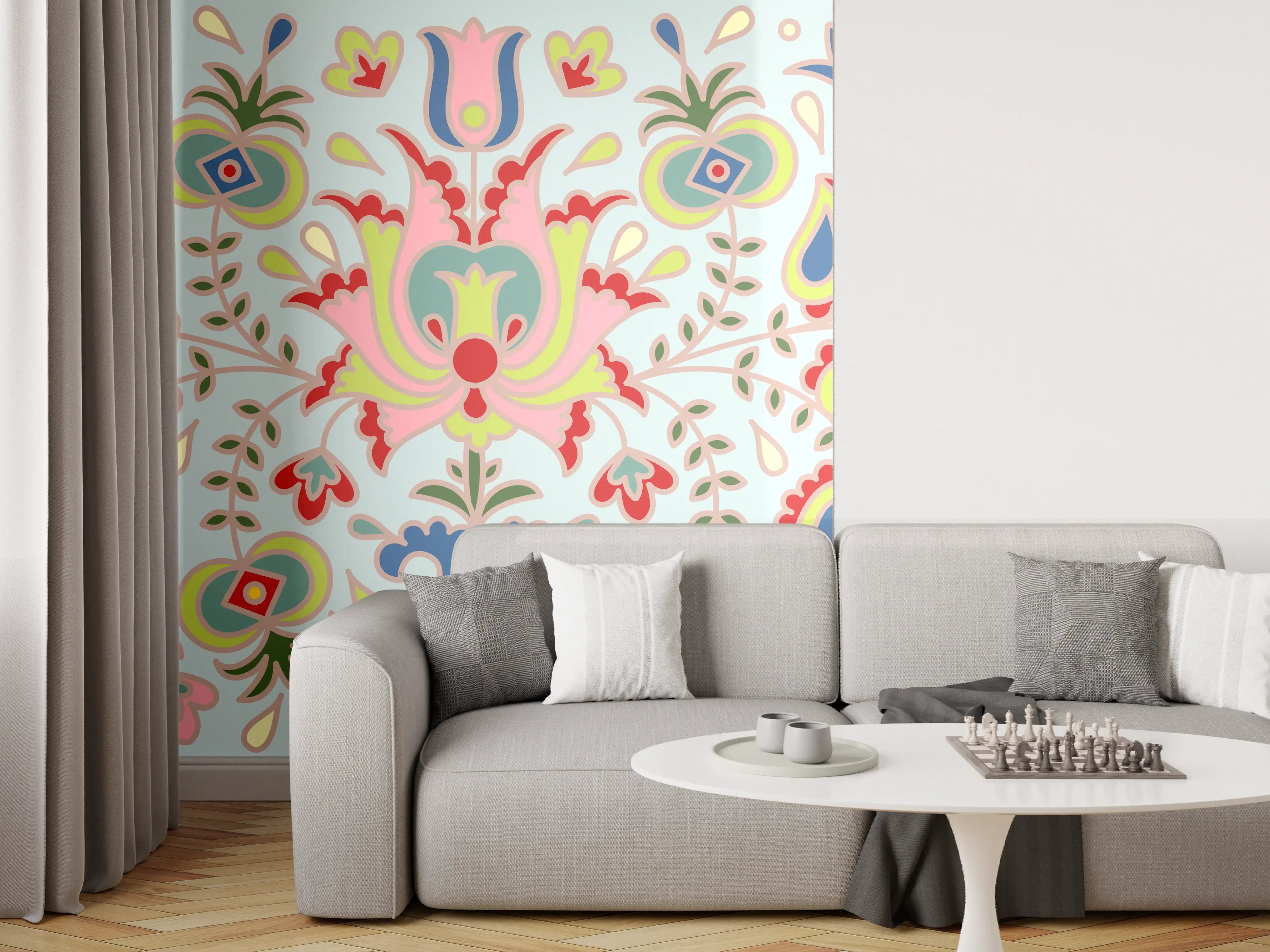 Wandverkleidung Wohnzimmer - Bunte Folklore-Muster Textilprint