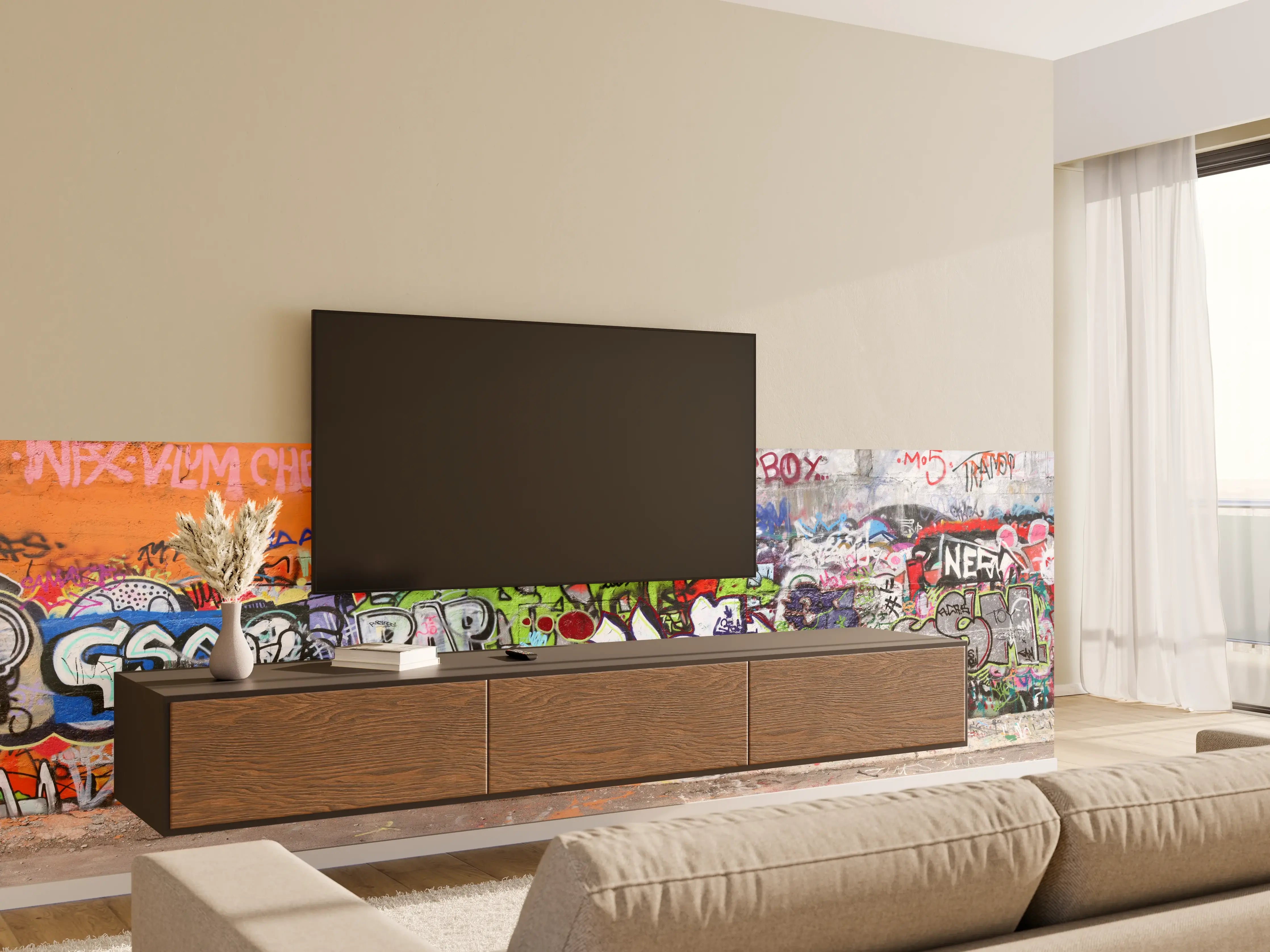 Wandverkleidung Wohnzimmer - Bunte Graffiti-Kunst Wand