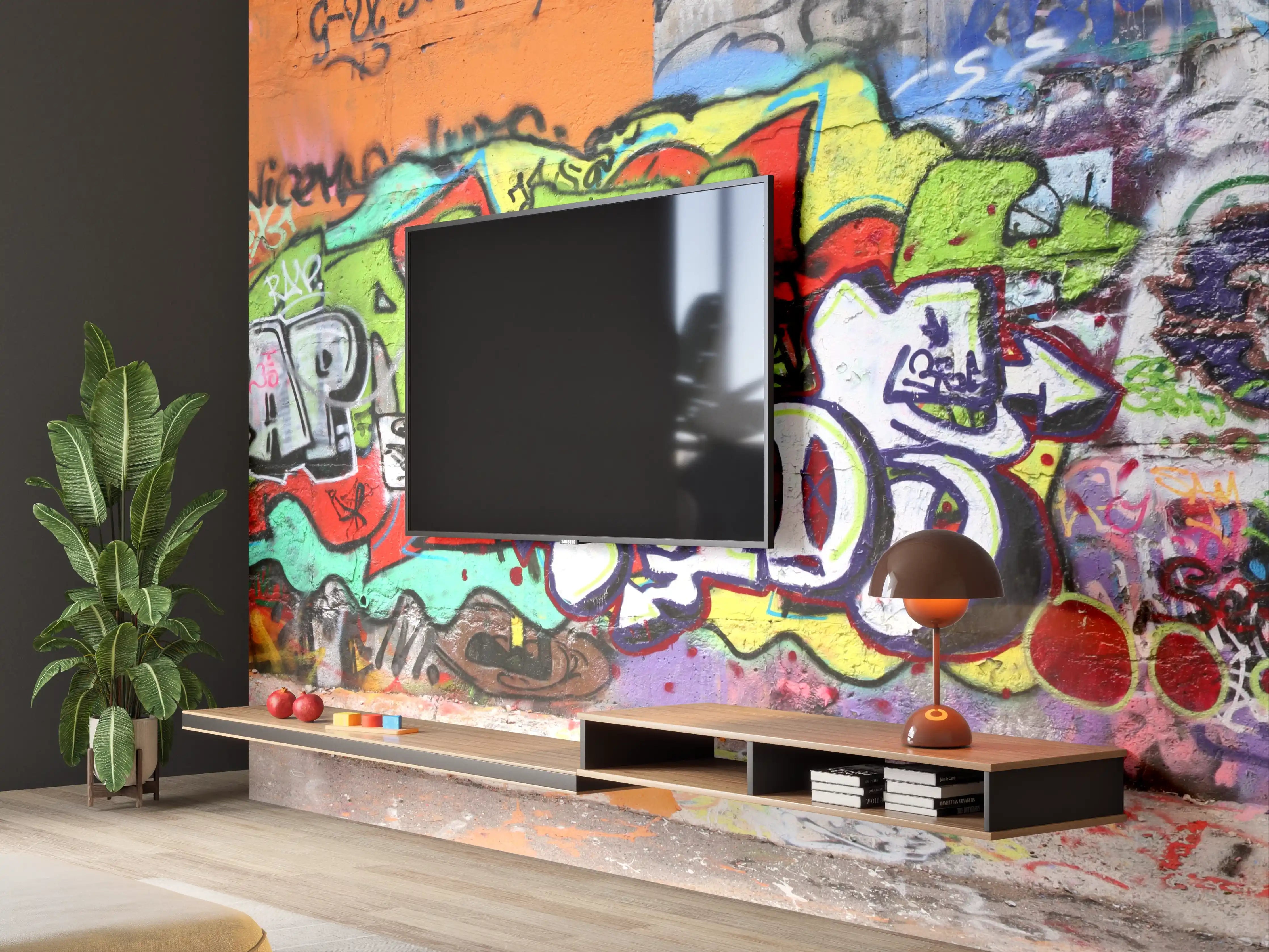 Wandverkleidung Wohnzimmer - Bunte Graffiti-Kunst Wand