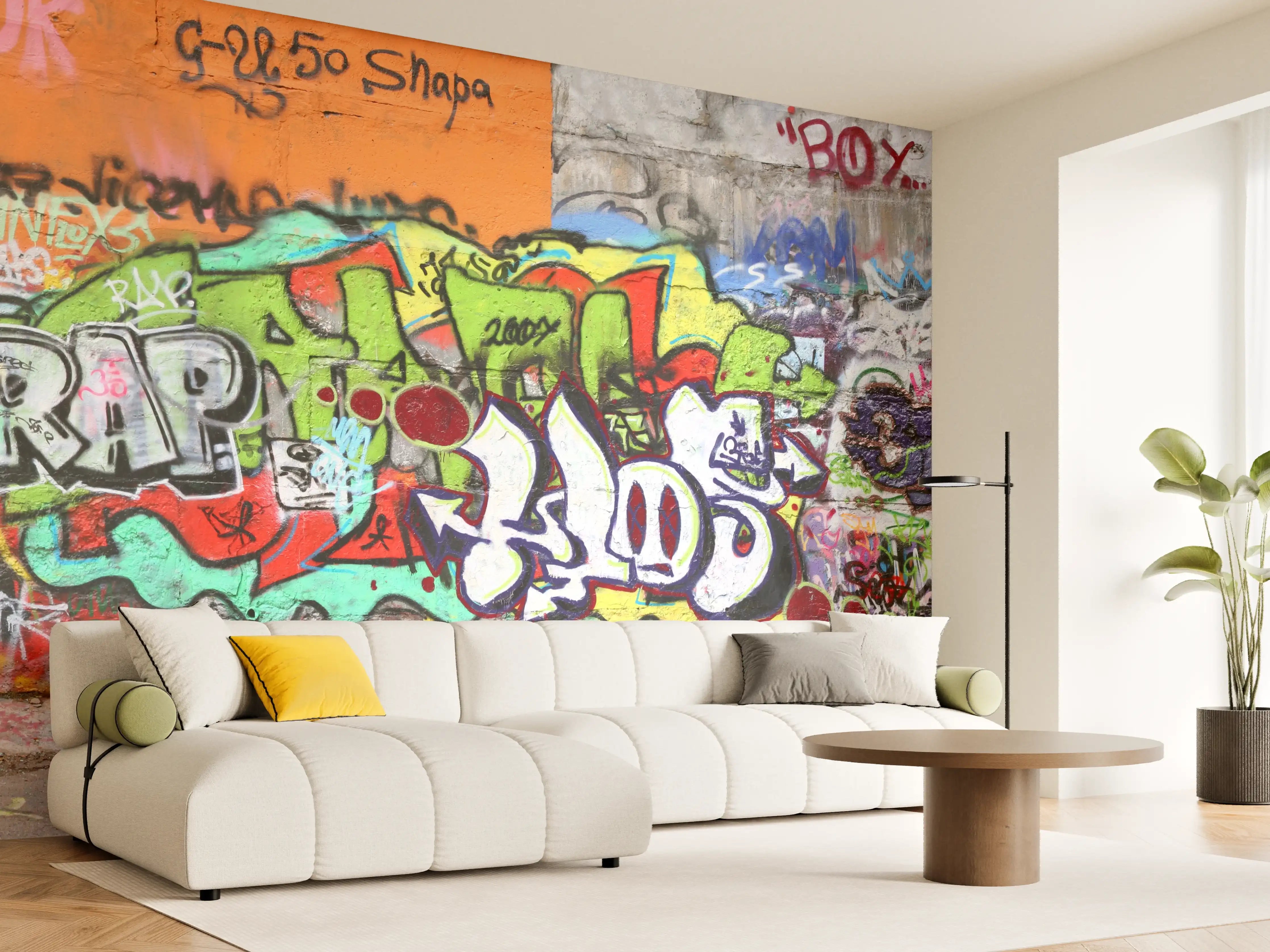Wandverkleidung Wohnzimmer - Bunte Graffiti-Kunst Wand