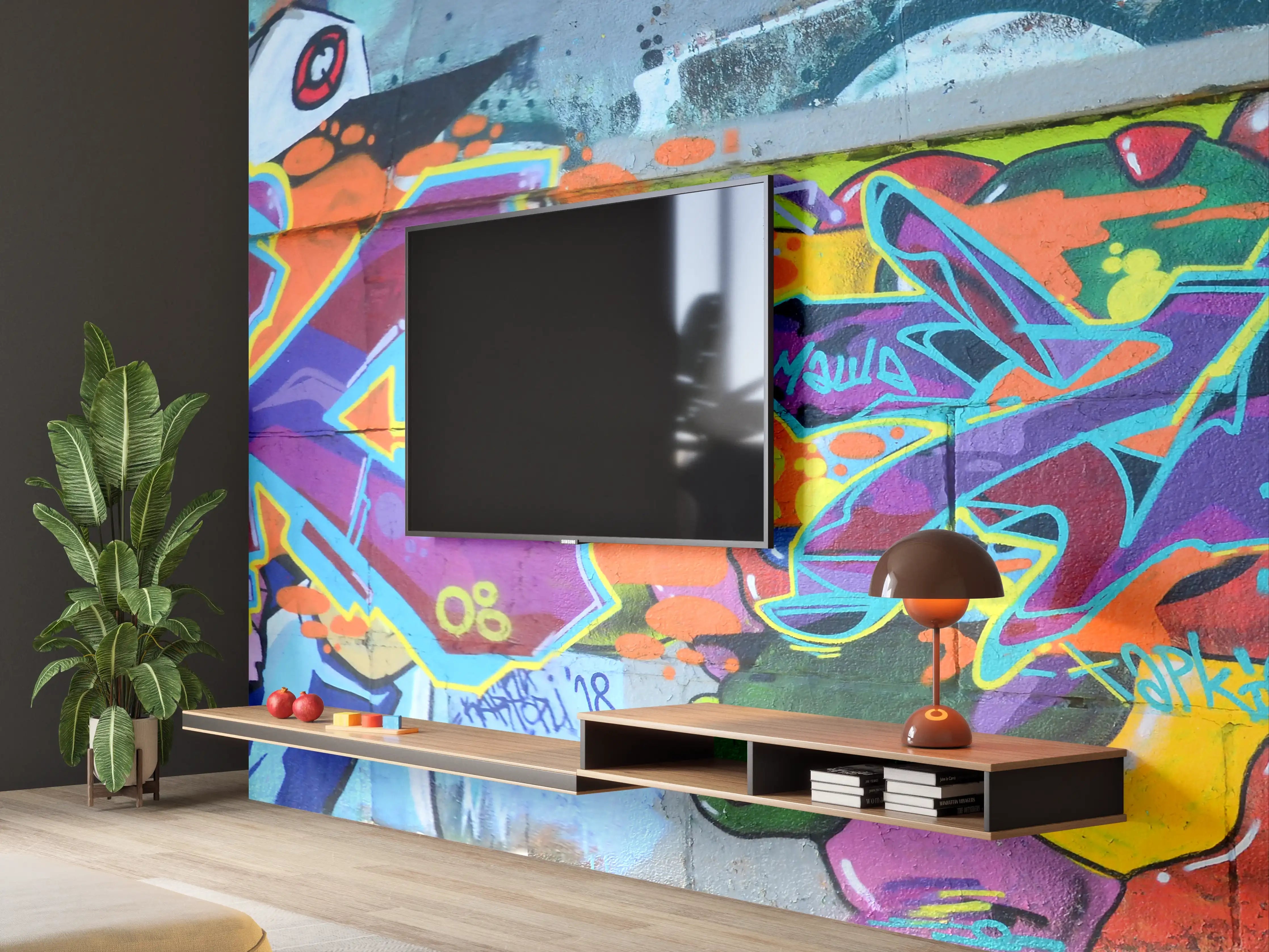 Wandverkleidung Wohnzimmer - Bunte Graffiti-Wandkunst
