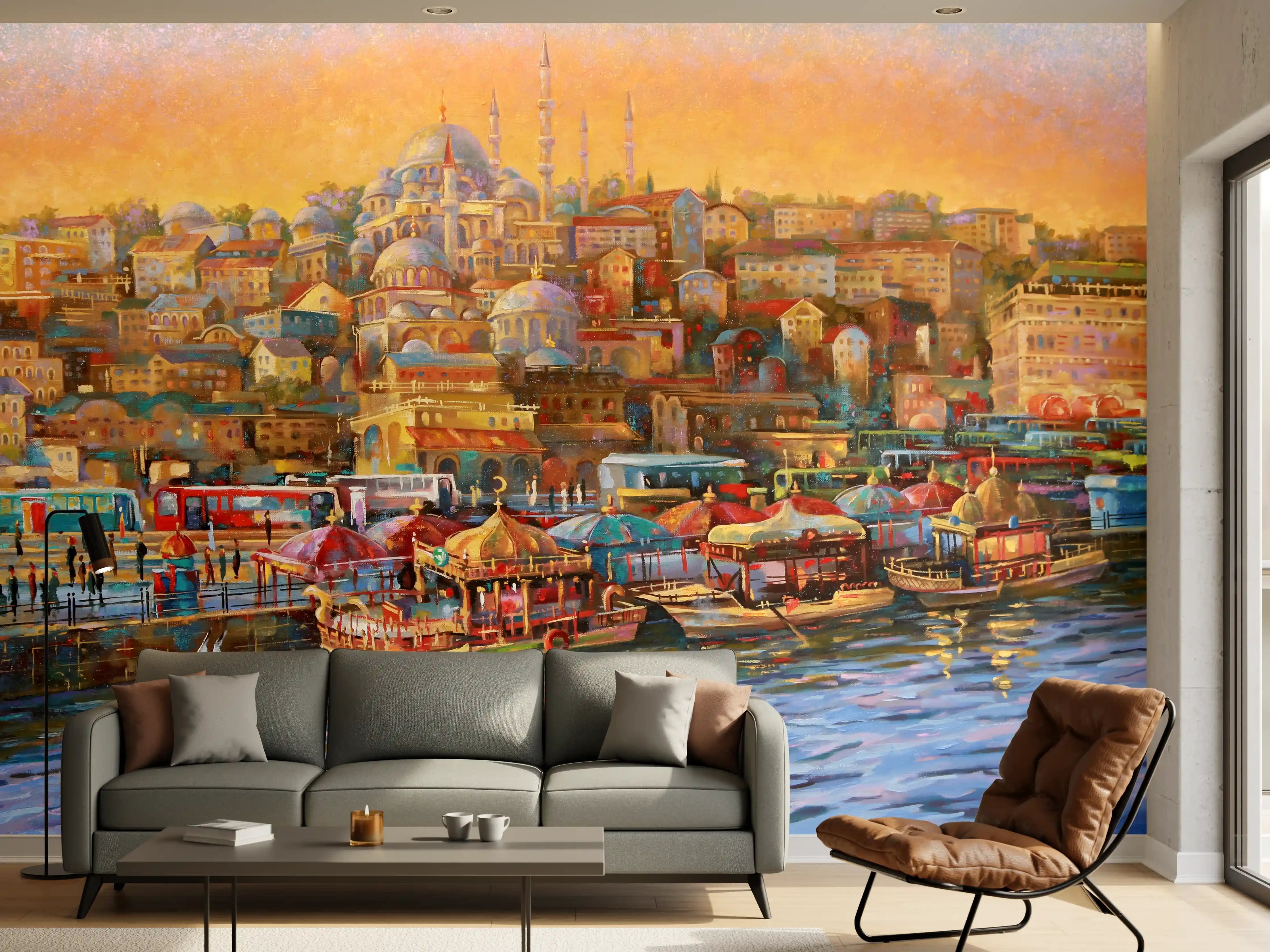 Wandverkleidung Wohnzimmer - Bunte Hafenstadt mit Moschee bei Sonnenuntergang