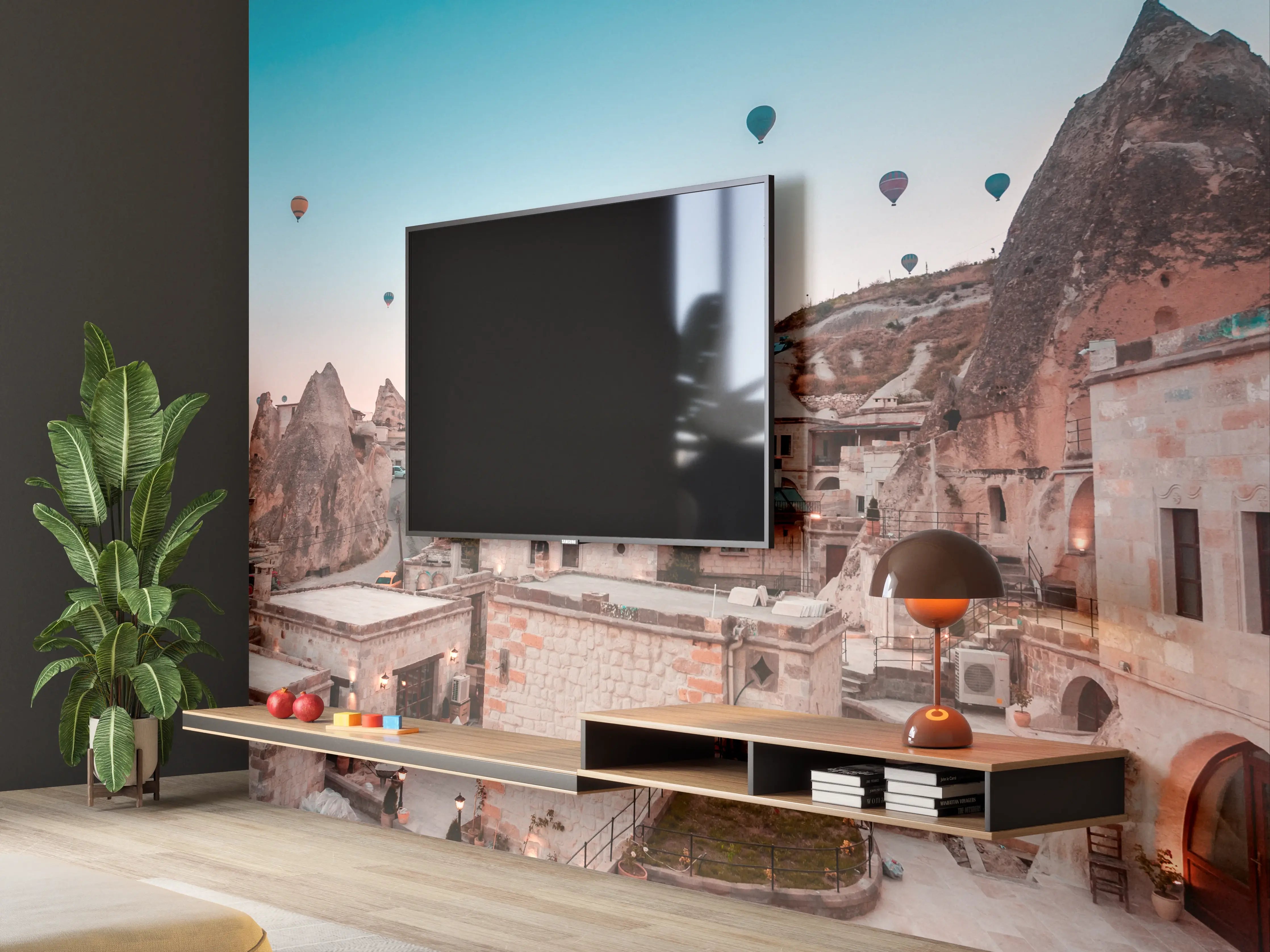 Wandverkleidung Wohnzimmer - Bunte Heißluftballons über historischer Stadt