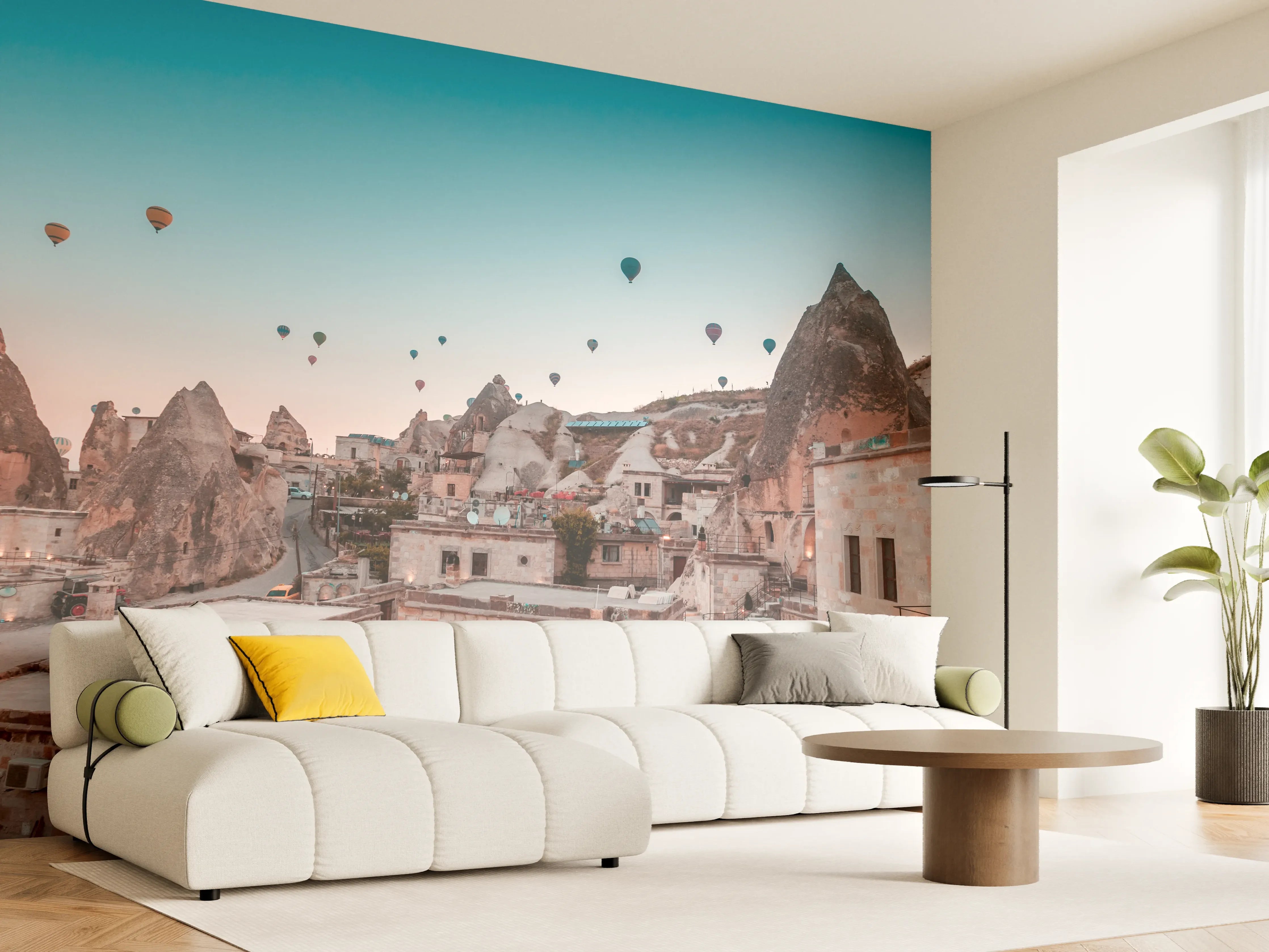 Wandverkleidung Wohnzimmer - Bunte Heißluftballons über historischer Stadt