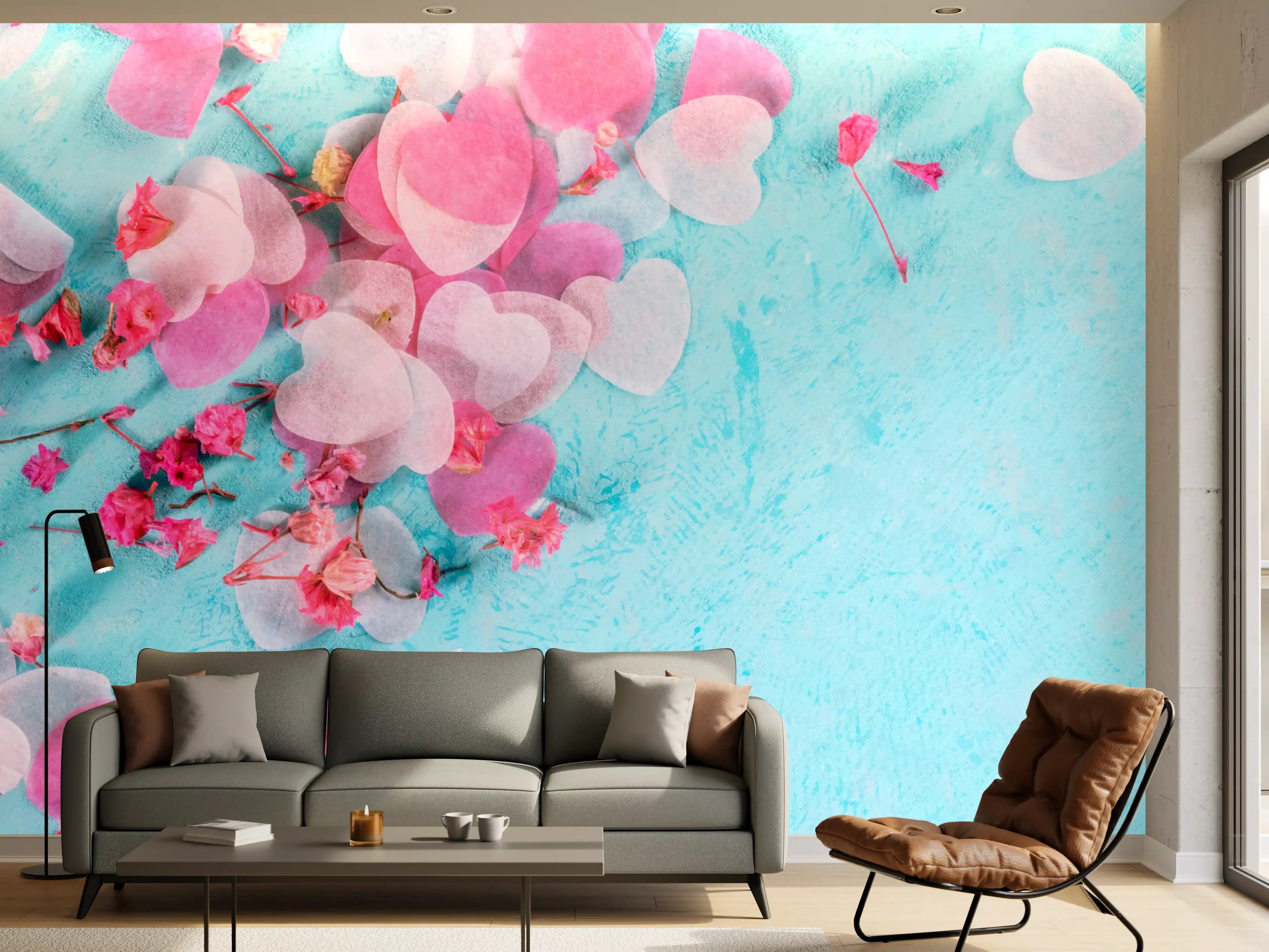 Wandverkleidung Wohnzimmer - Bunte Herzchen auf Blau