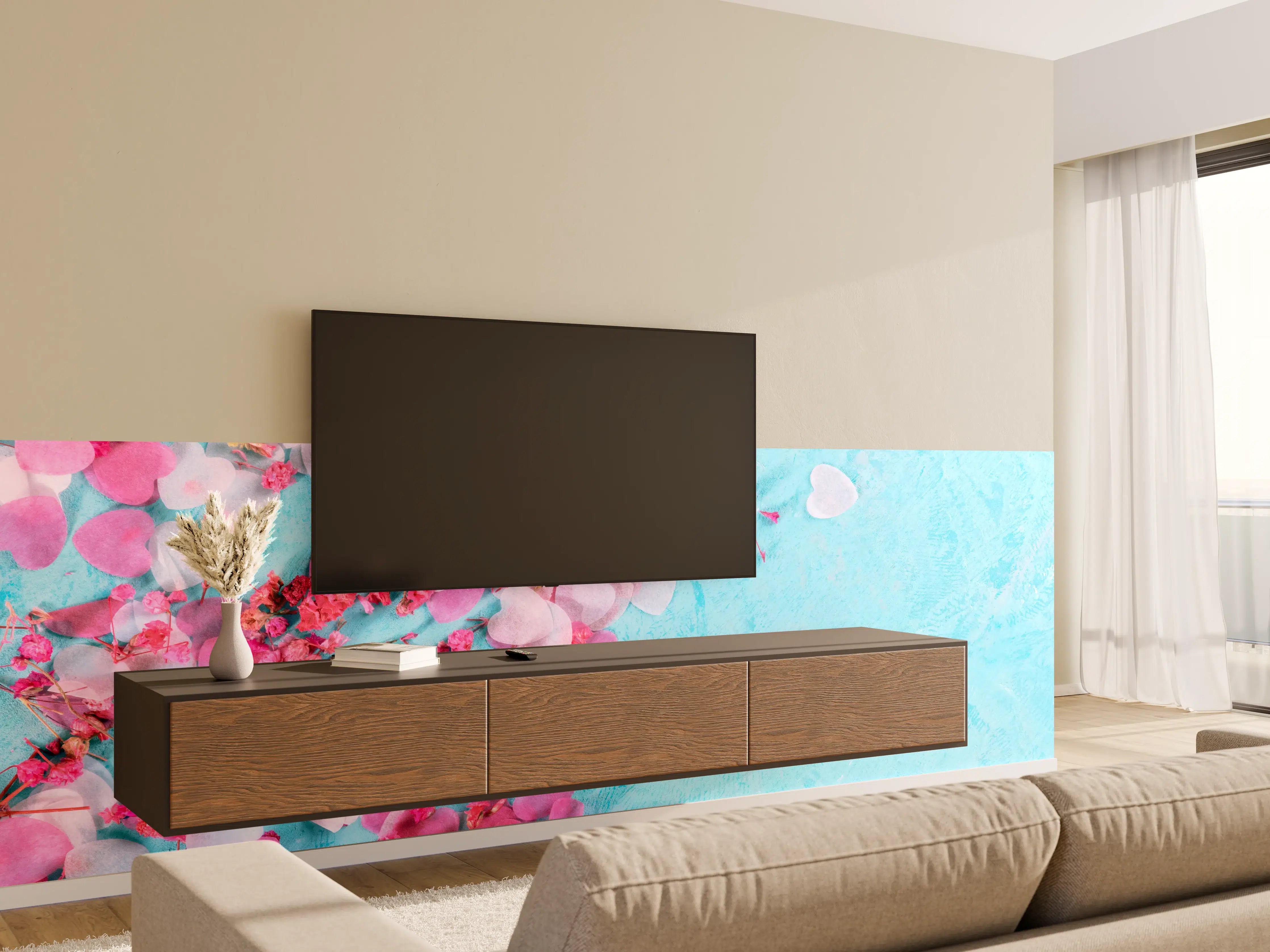 Wandverkleidung Wohnzimmer - Bunte Herzchen auf Blau
