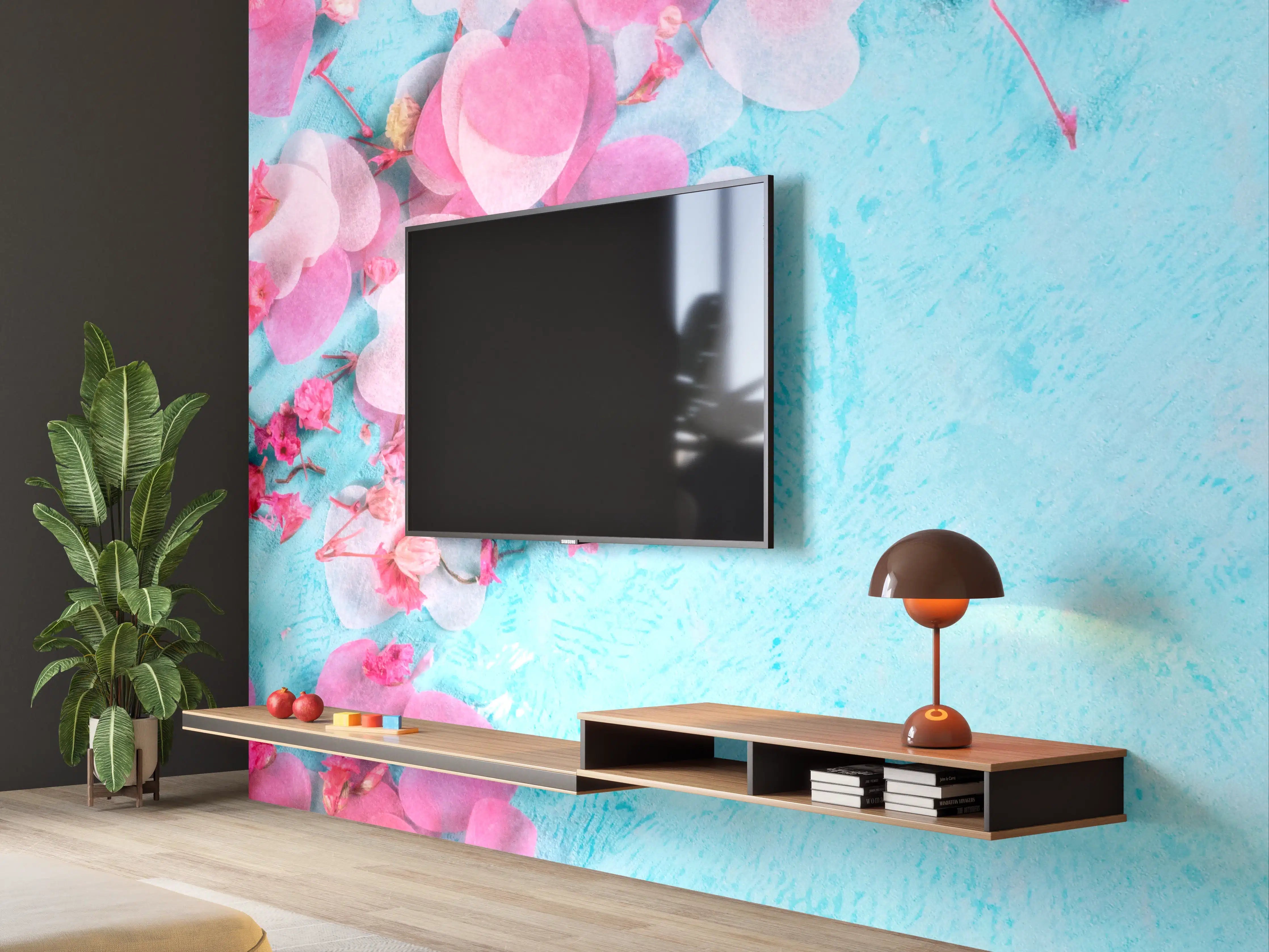 Wandverkleidung Wohnzimmer - Bunte Herzchen auf Blau