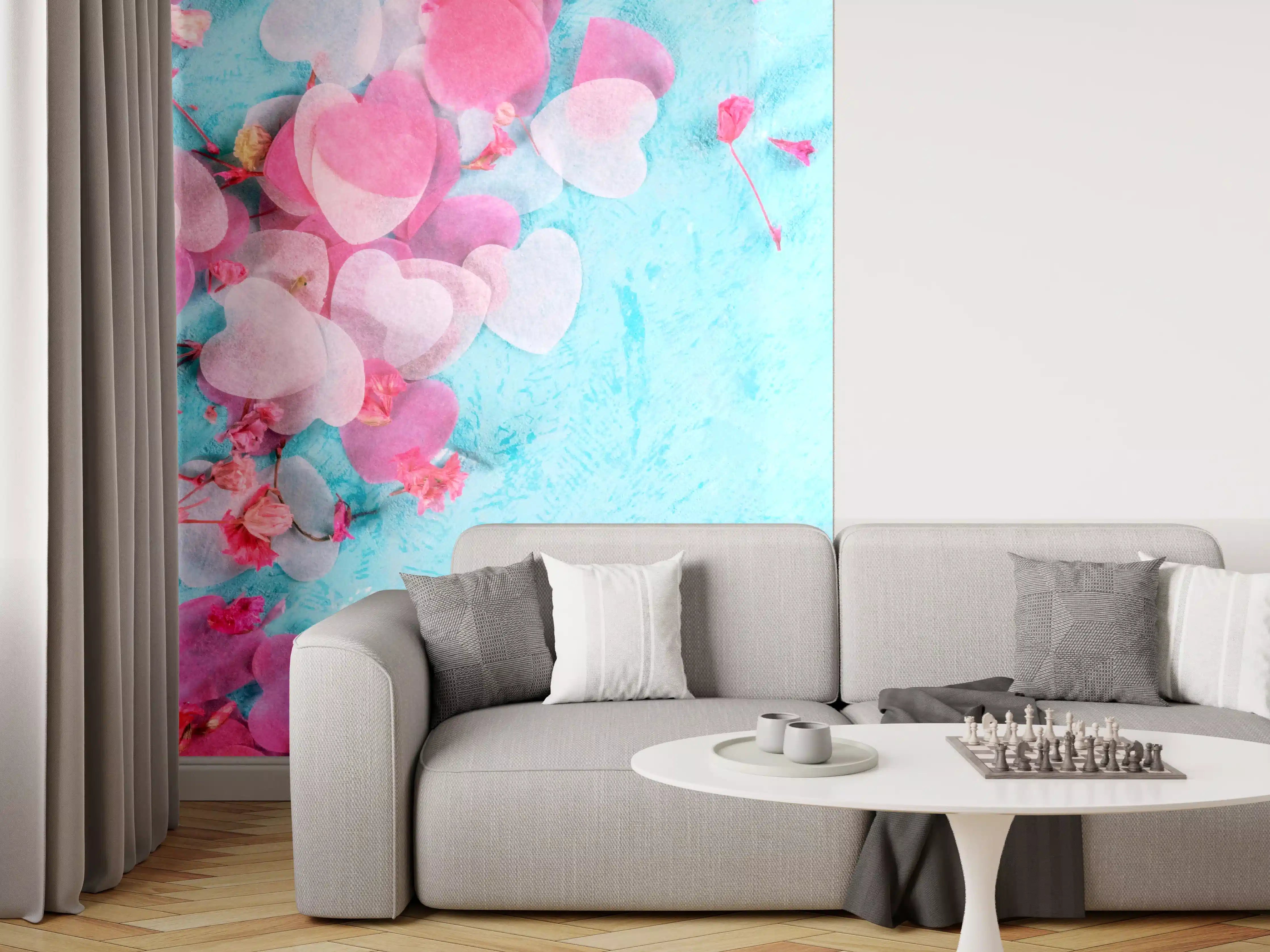 Wandverkleidung Wohnzimmer - Bunte Herzchen auf Blau