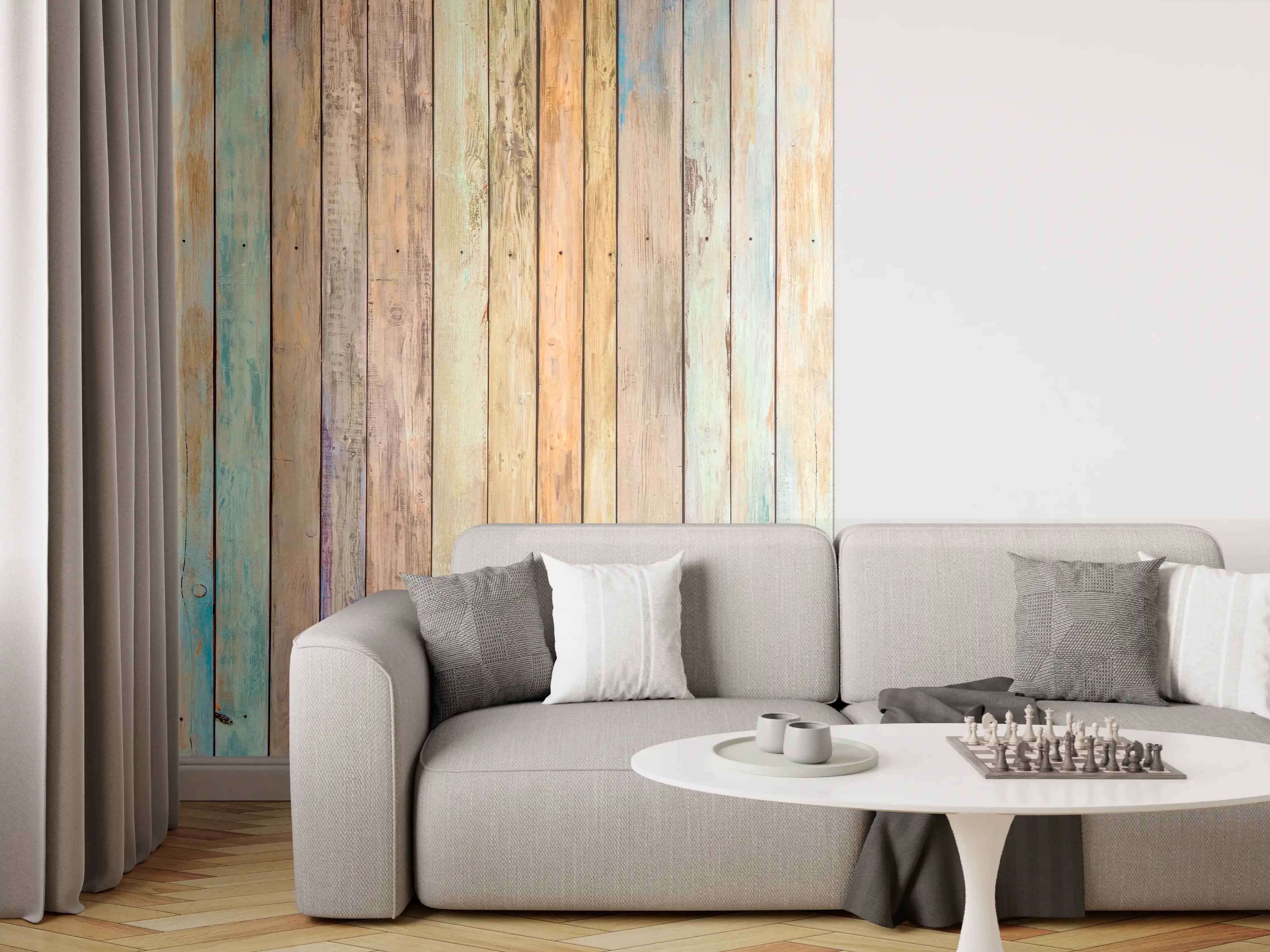 Wandverkleidung Wohnzimmer - Bunte Holzvertäfelung im Vintage-Stil