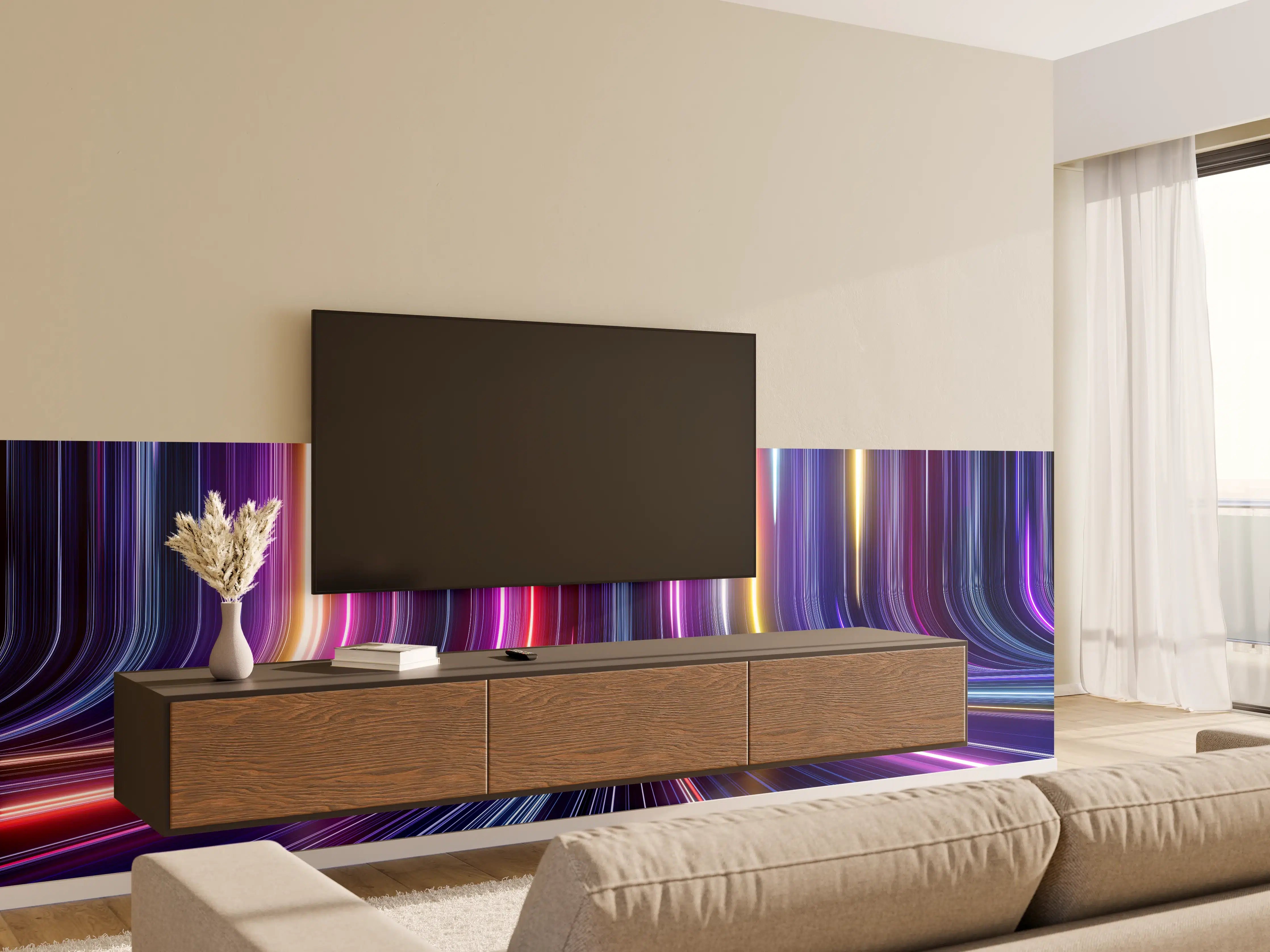 Wandverkleidung Wohnzimmer - Bunte Lichtstrahlen in der Nacht