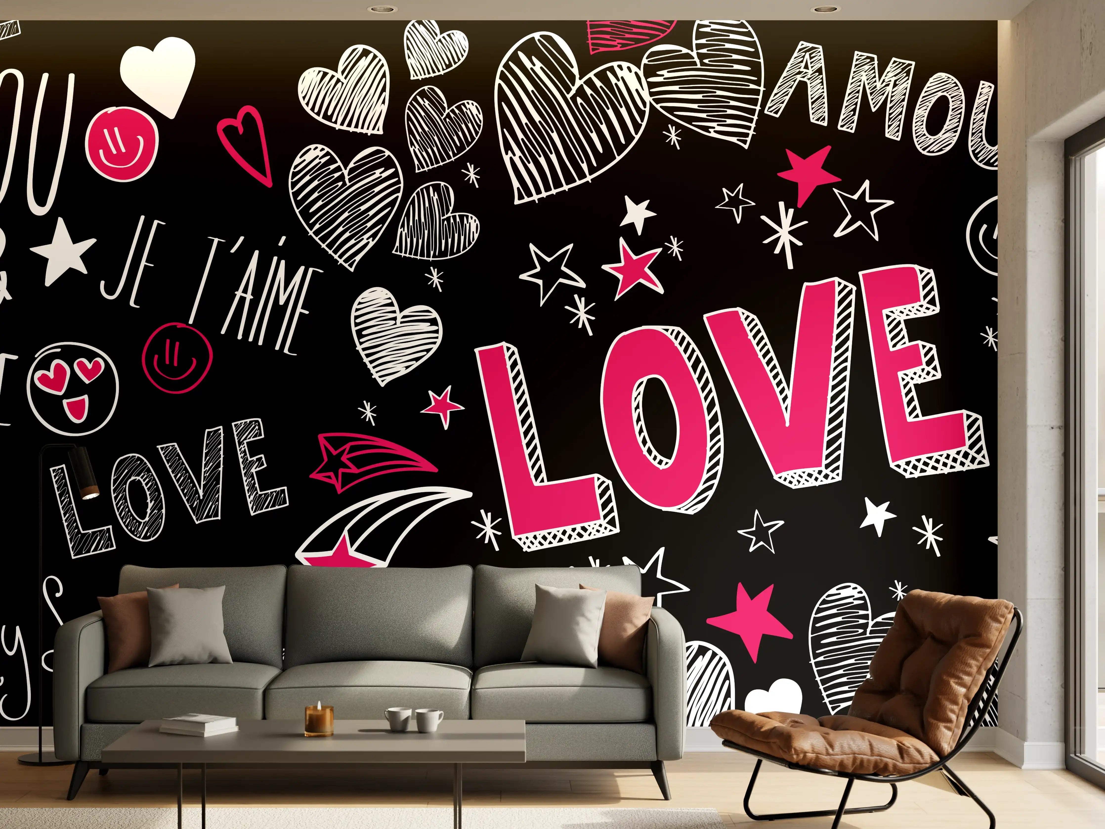Wandverkleidung Wohnzimmer - Bunte Liebe Herzen Schrift Banner