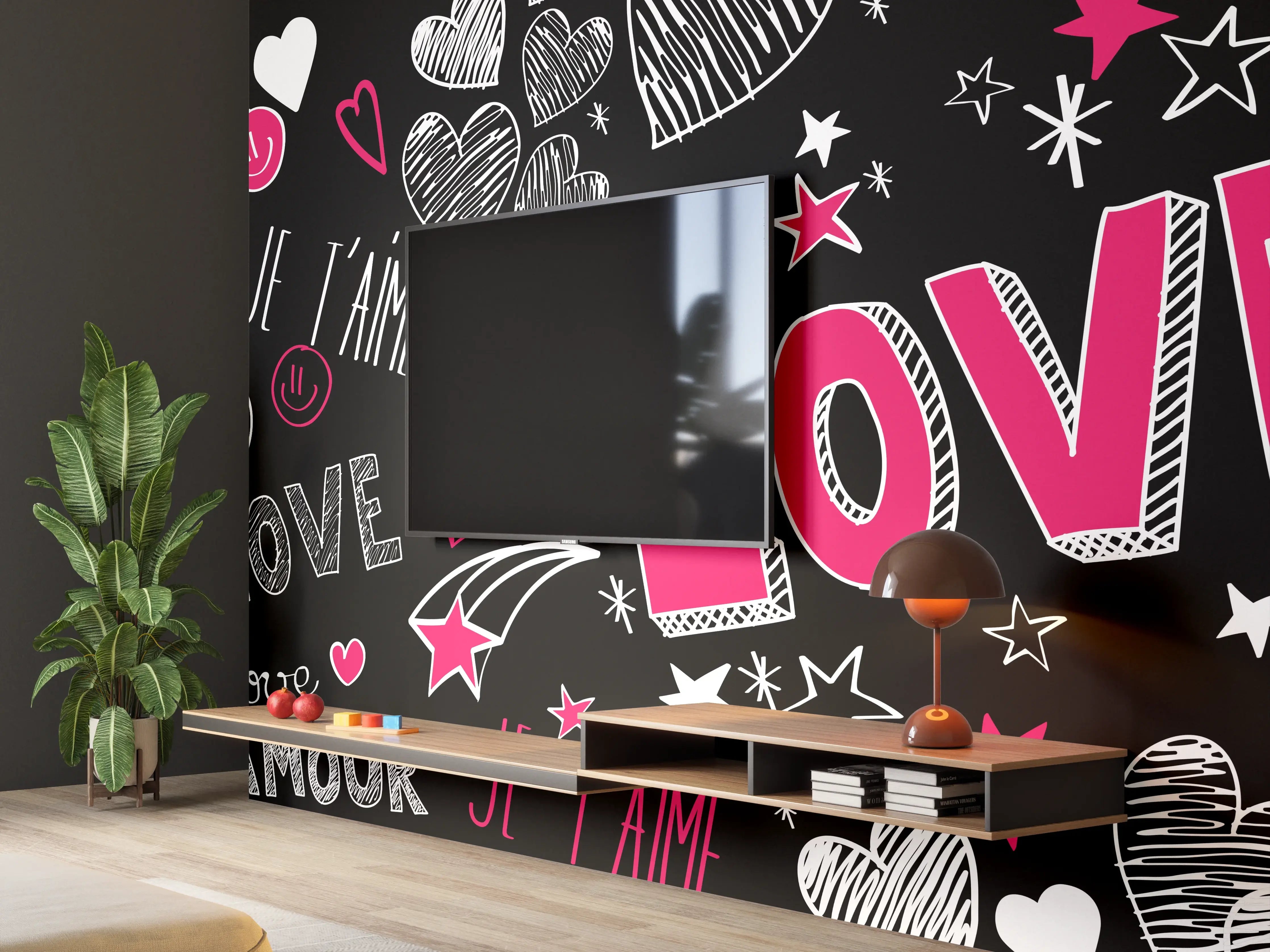 Wandverkleidung Wohnzimmer - Bunte Liebe Herzen Schrift Banner