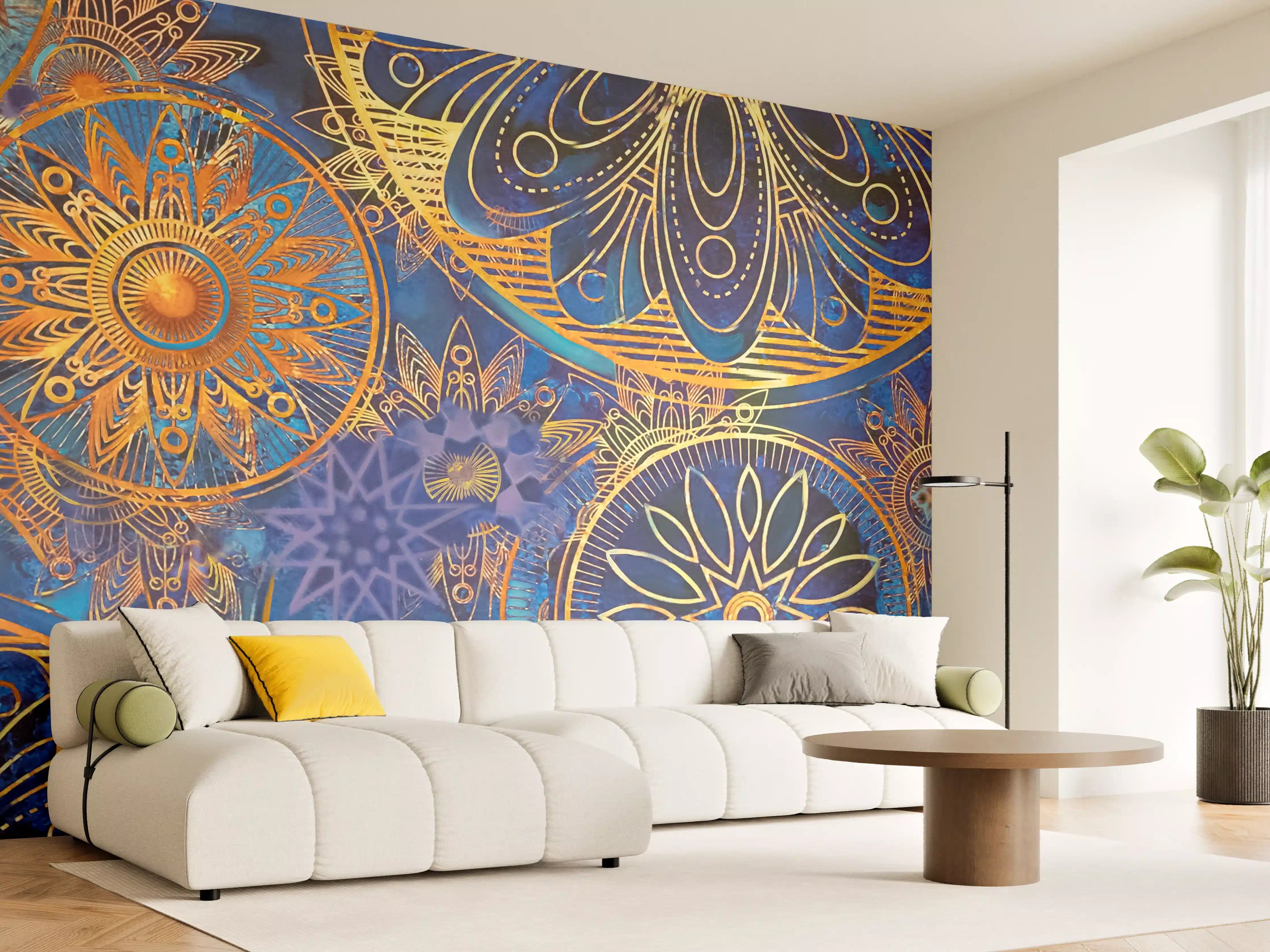 Wandverkleidung Wohnzimmer - Bunte Mandala-Muster mit Goldakzenten