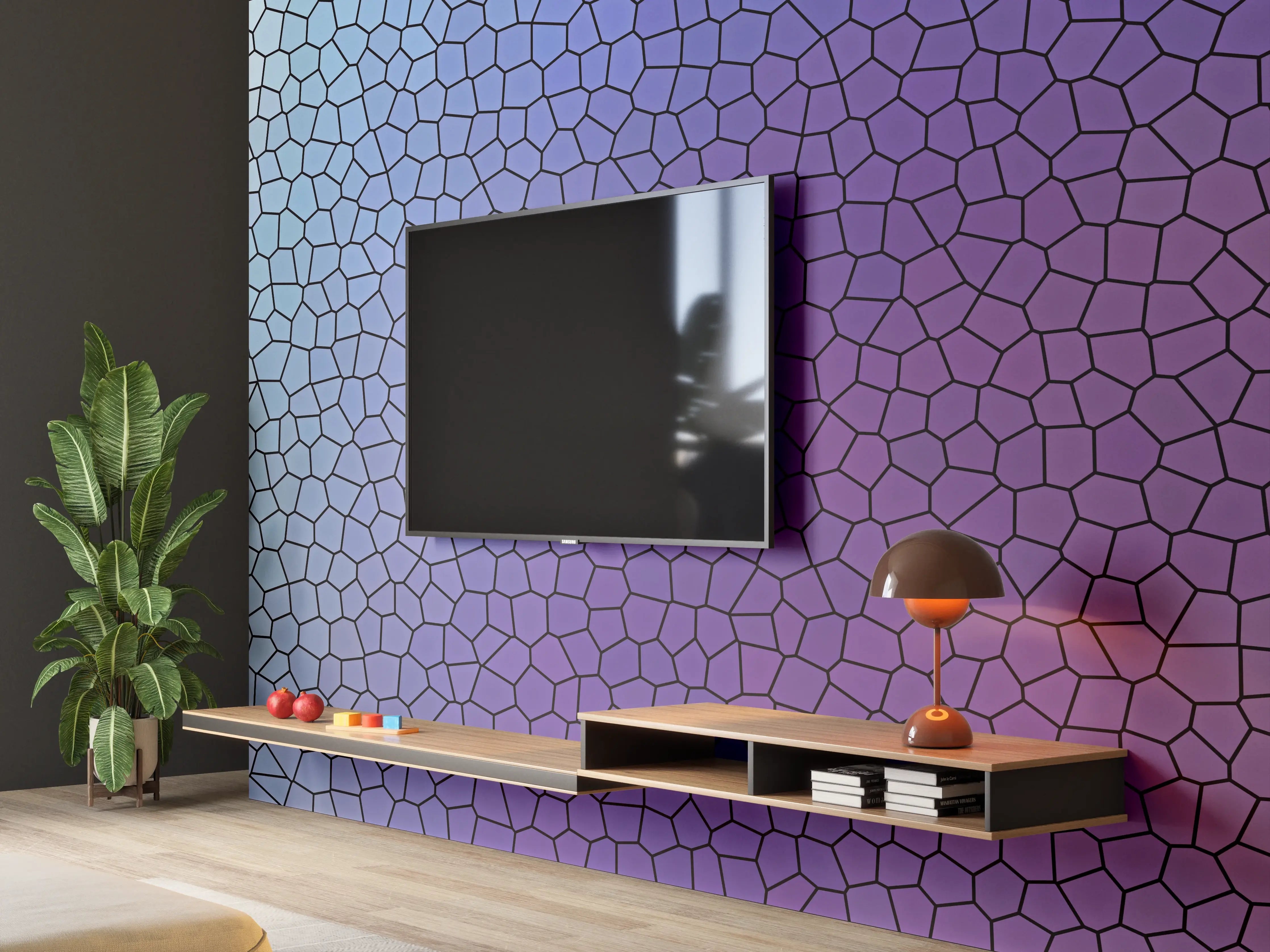 Wandverkleidung Wohnzimmer - Bunte Mosaik-Textur mit Grau- und Lilatönen