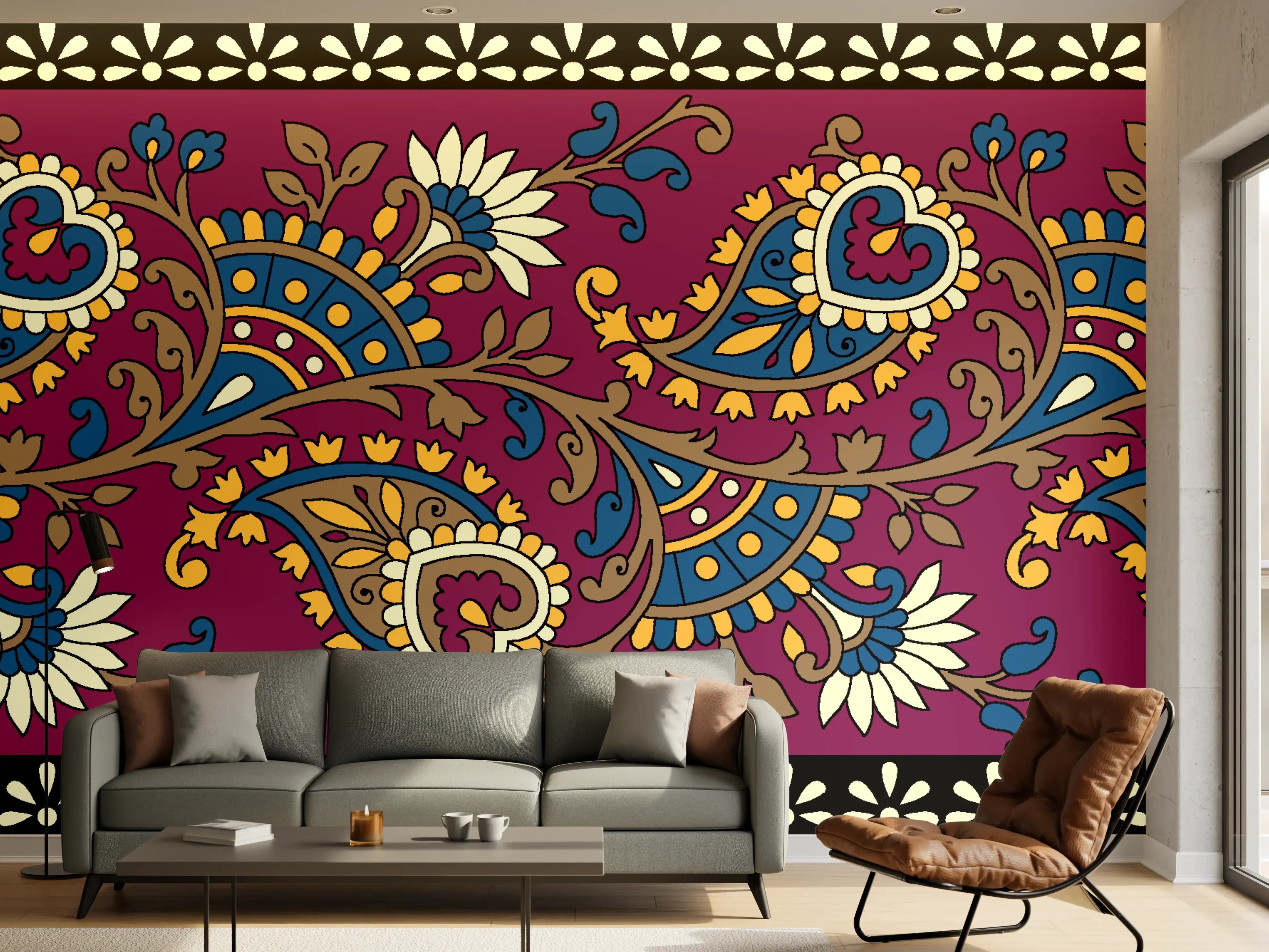 Wandverkleidung Wohnzimmer - Bunte Paisley-Muster mit floralen Akzenten