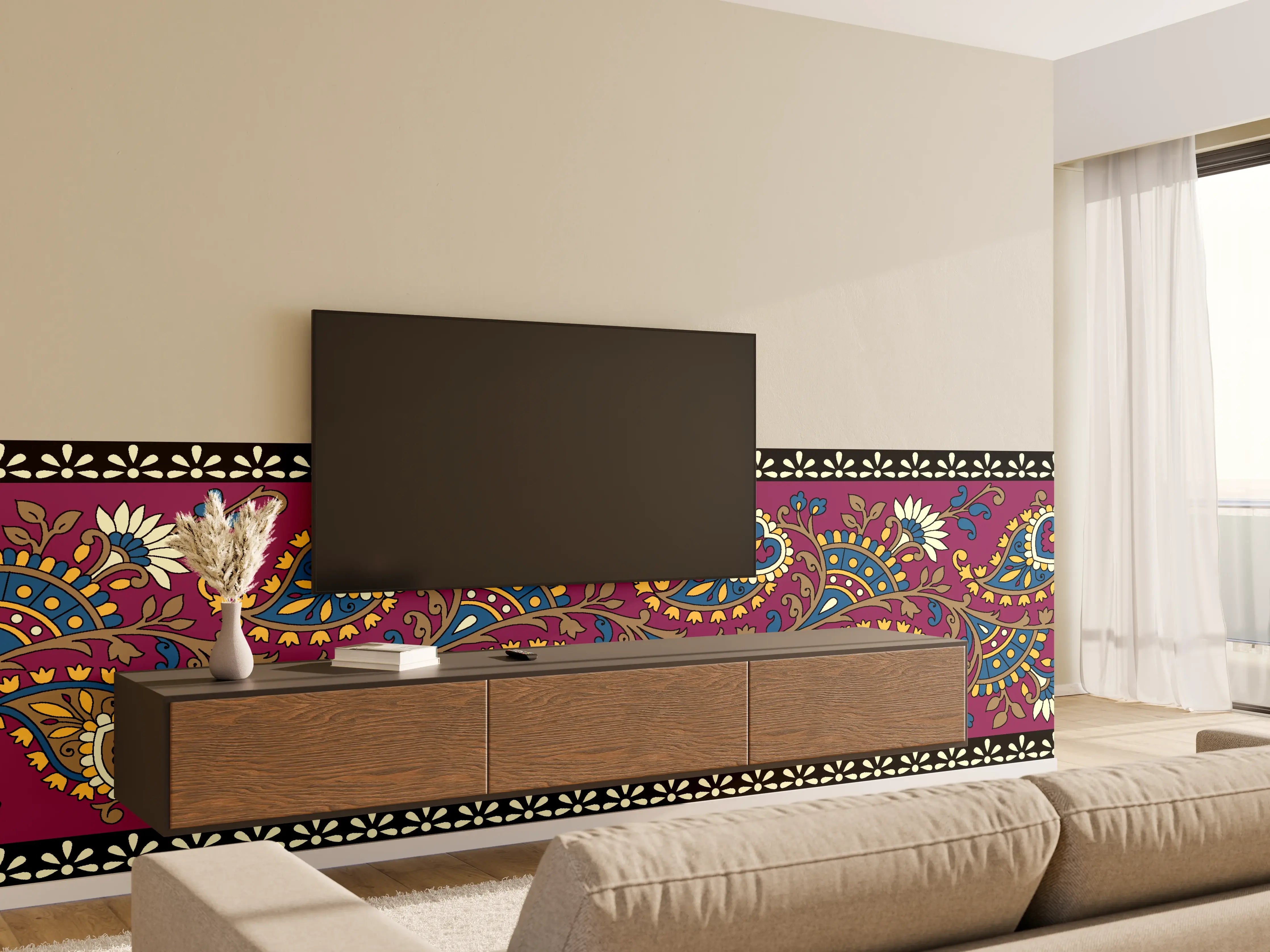 Wandverkleidung Wohnzimmer - Bunte Paisley-Muster mit floralen Akzenten