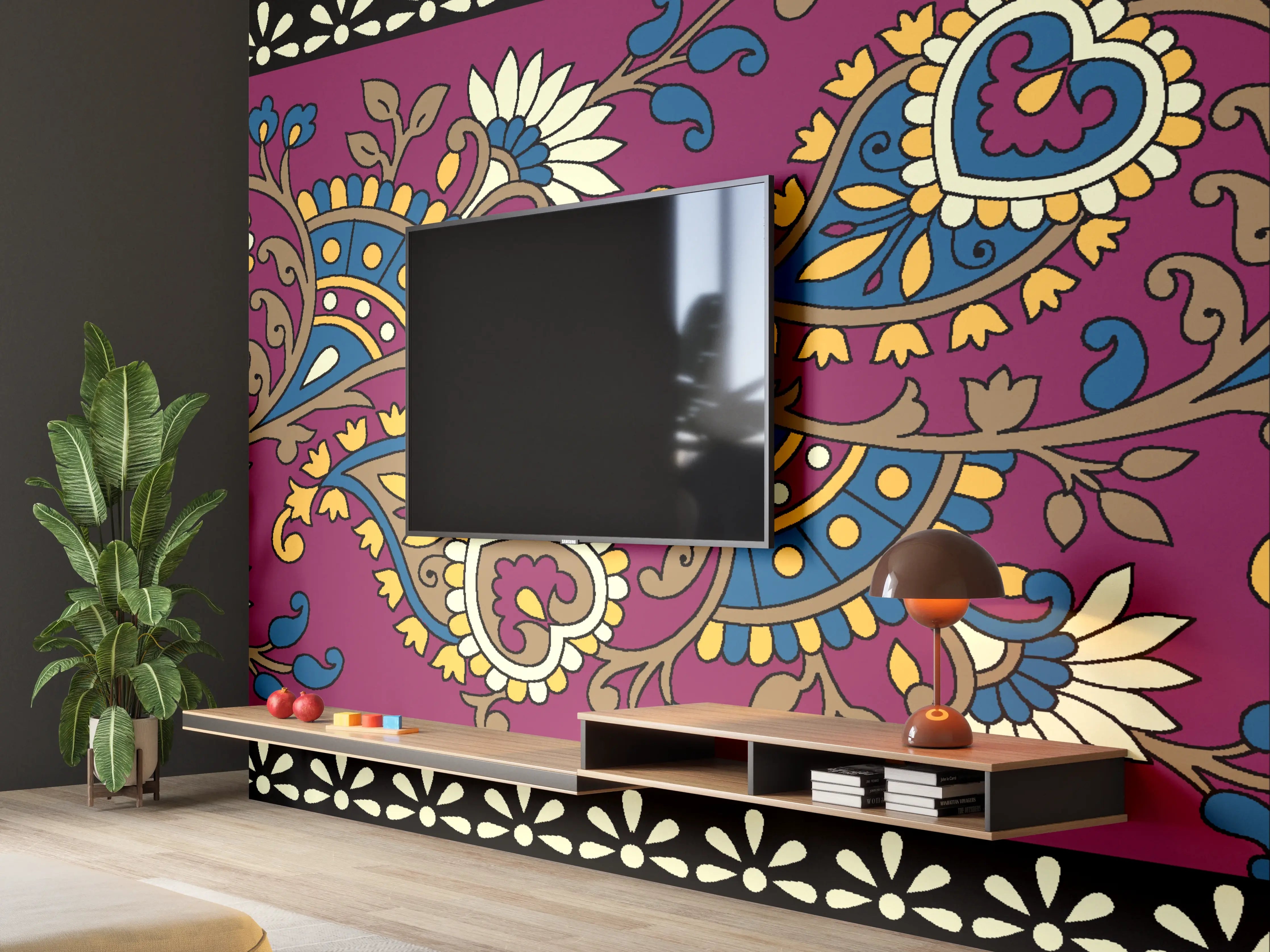 Wandverkleidung Wohnzimmer - Bunte Paisley-Muster mit floralen Akzenten