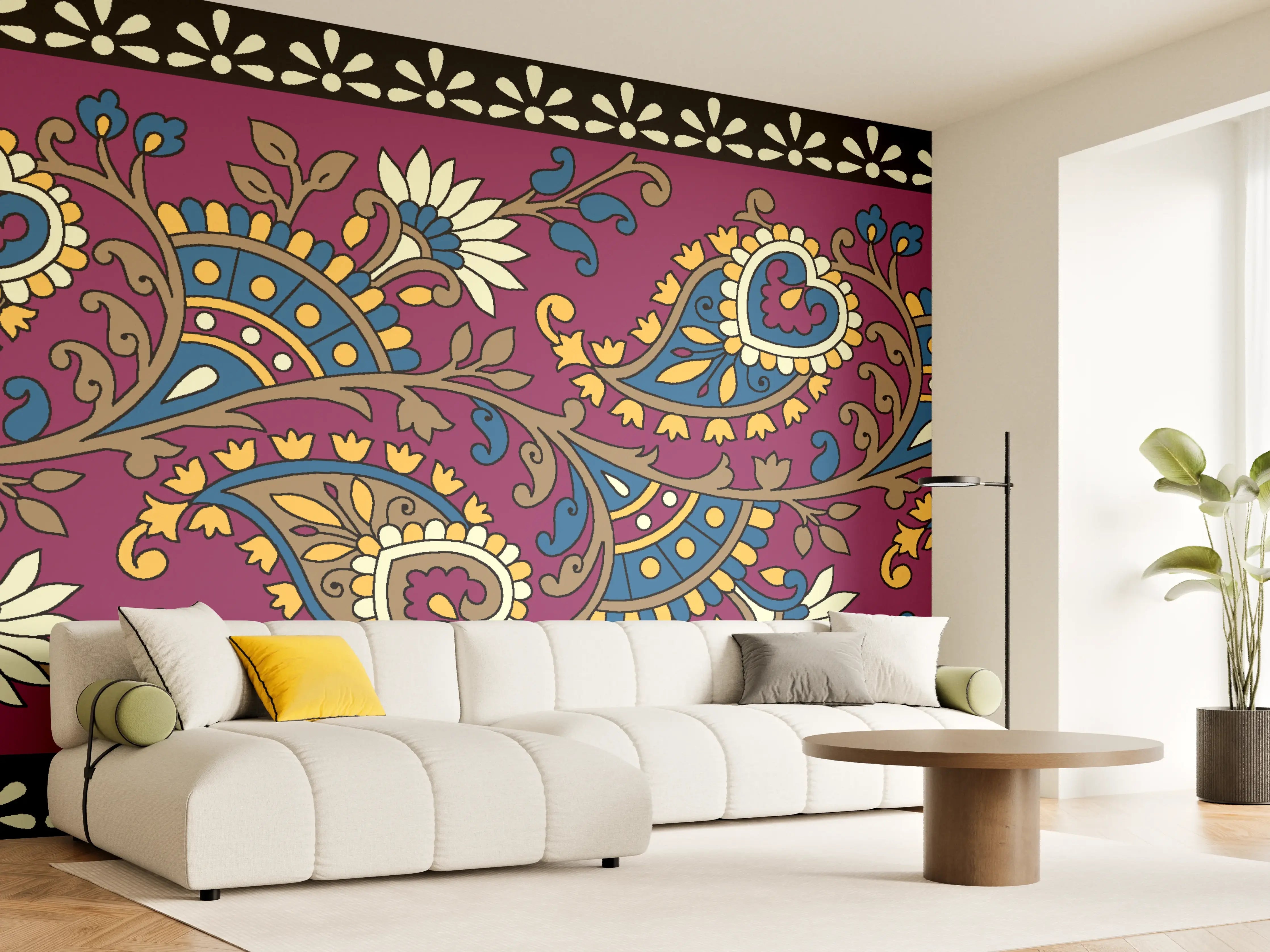 Wandverkleidung Wohnzimmer - Bunte Paisley-Muster mit floralen Akzenten