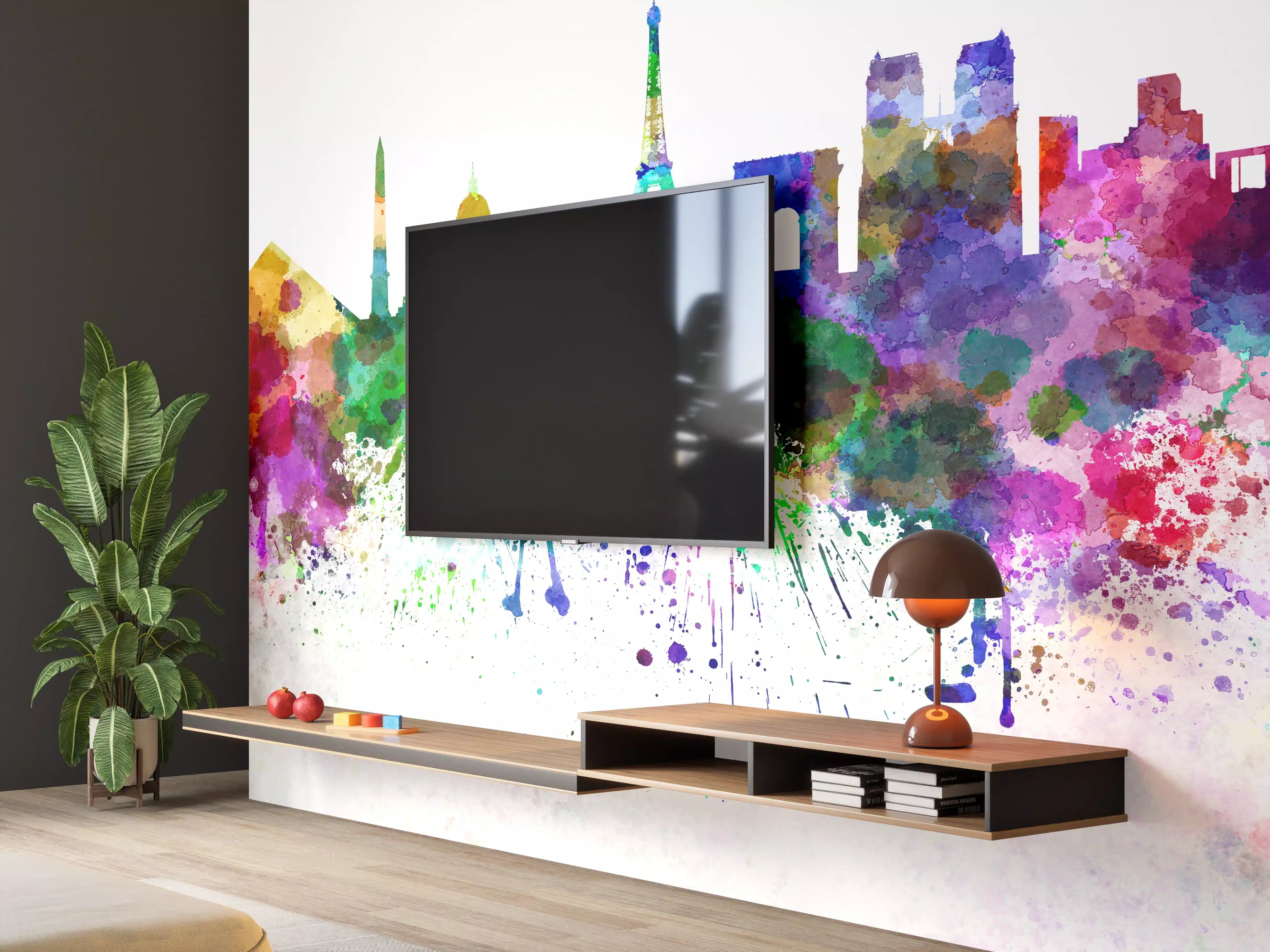 Wandverkleidung Wohnzimmer - Bunte Paris Skyline Aquarell