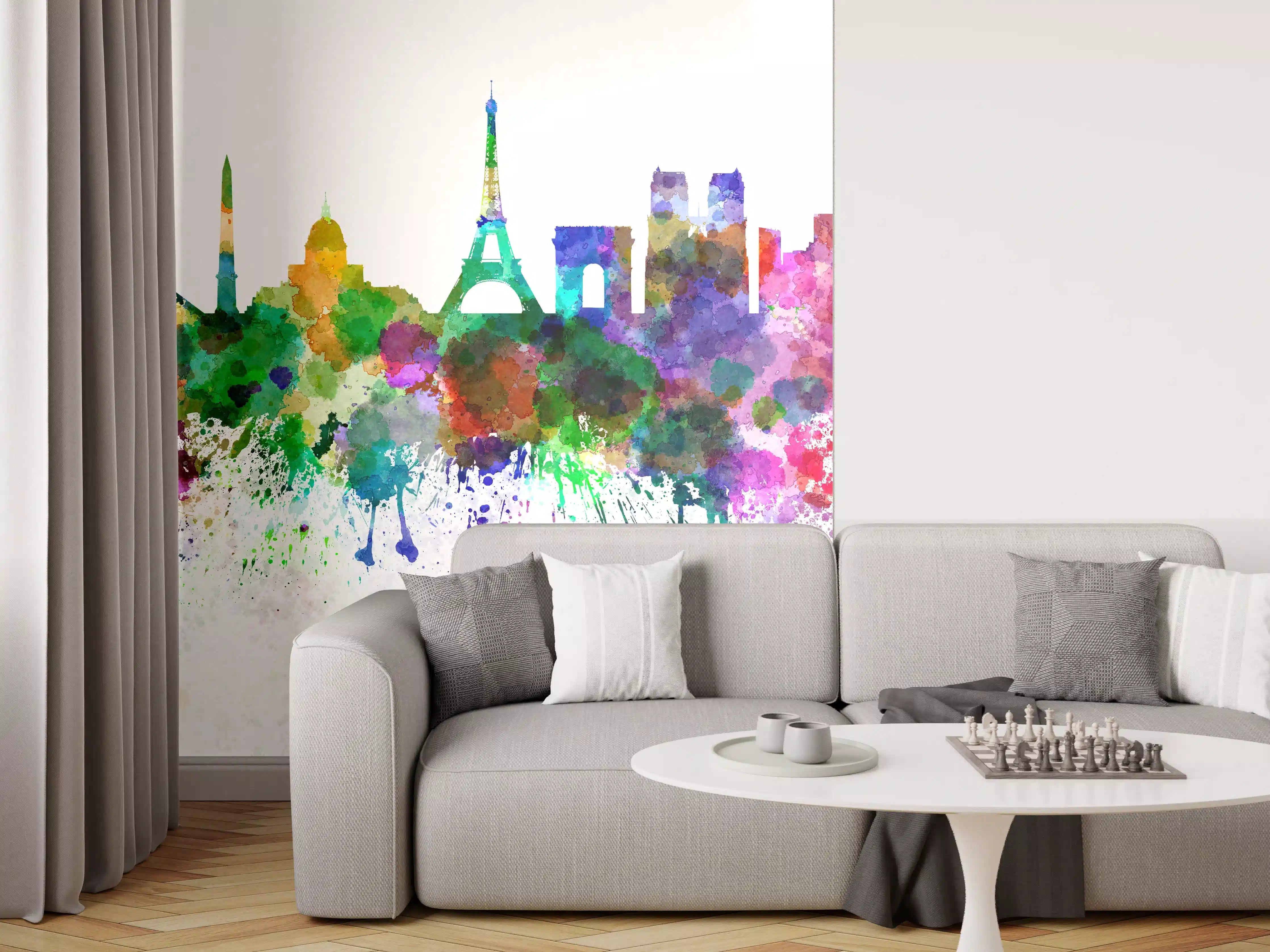 Wandverkleidung Wohnzimmer - Bunte Paris Skyline Aquarell