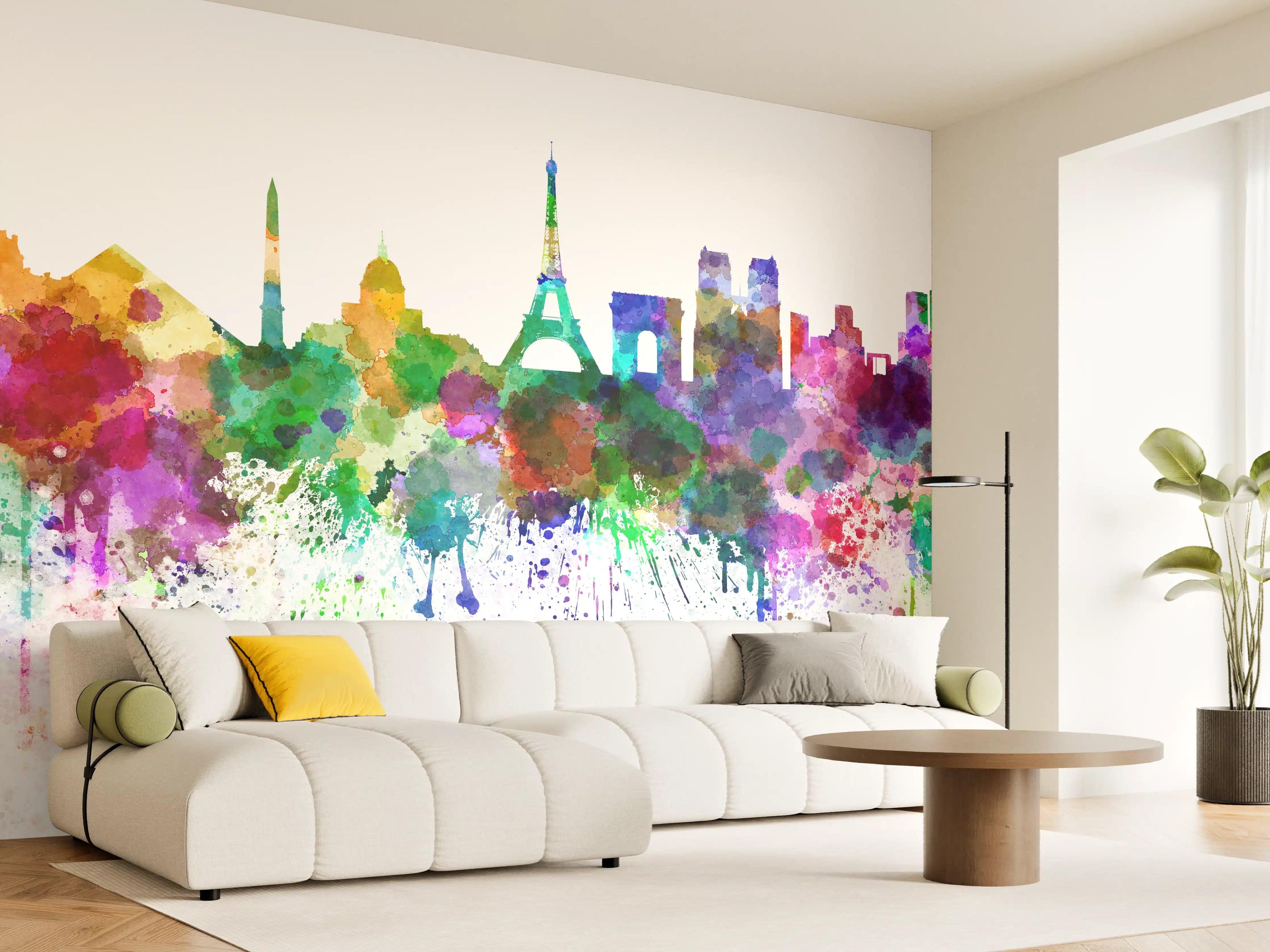 Wandverkleidung Wohnzimmer - Bunte Paris Skyline Aquarell