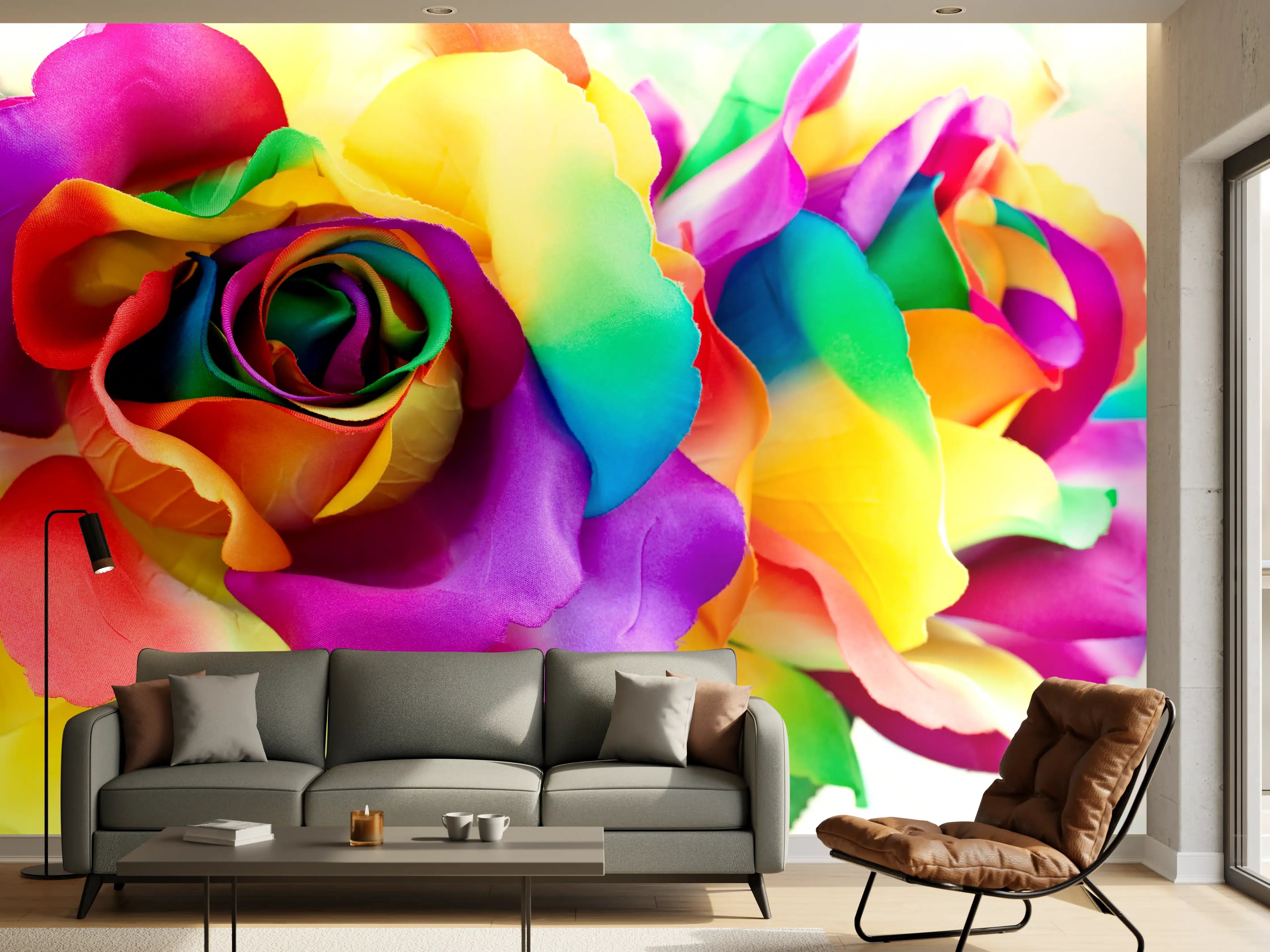 Wandverkleidung Wohnzimmer - Bunte Rosen in Regenbogenfarben
