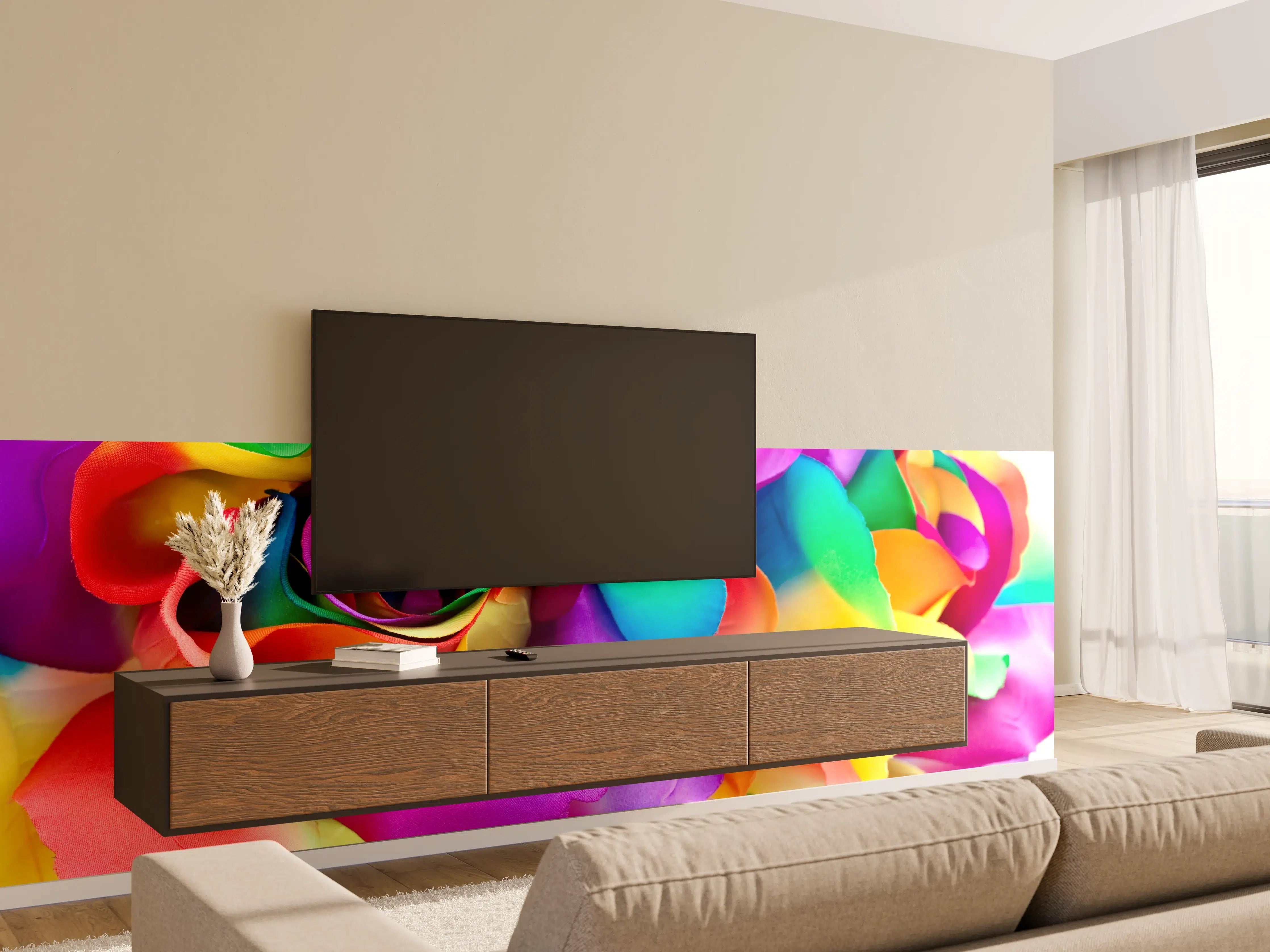 Wandverkleidung Wohnzimmer - Bunte Rosen in Regenbogenfarben