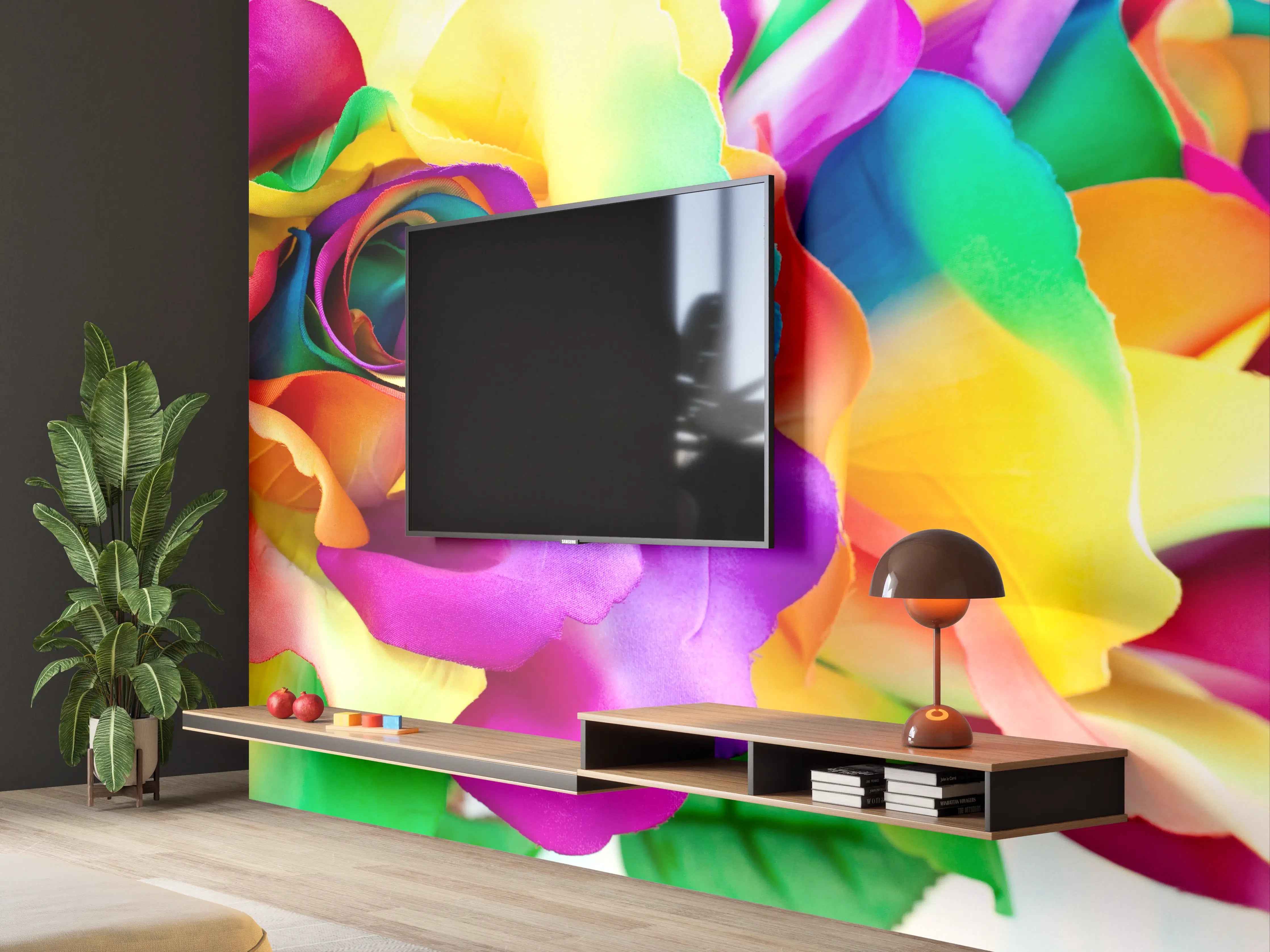 Wandverkleidung Wohnzimmer - Bunte Rosen in Regenbogenfarben