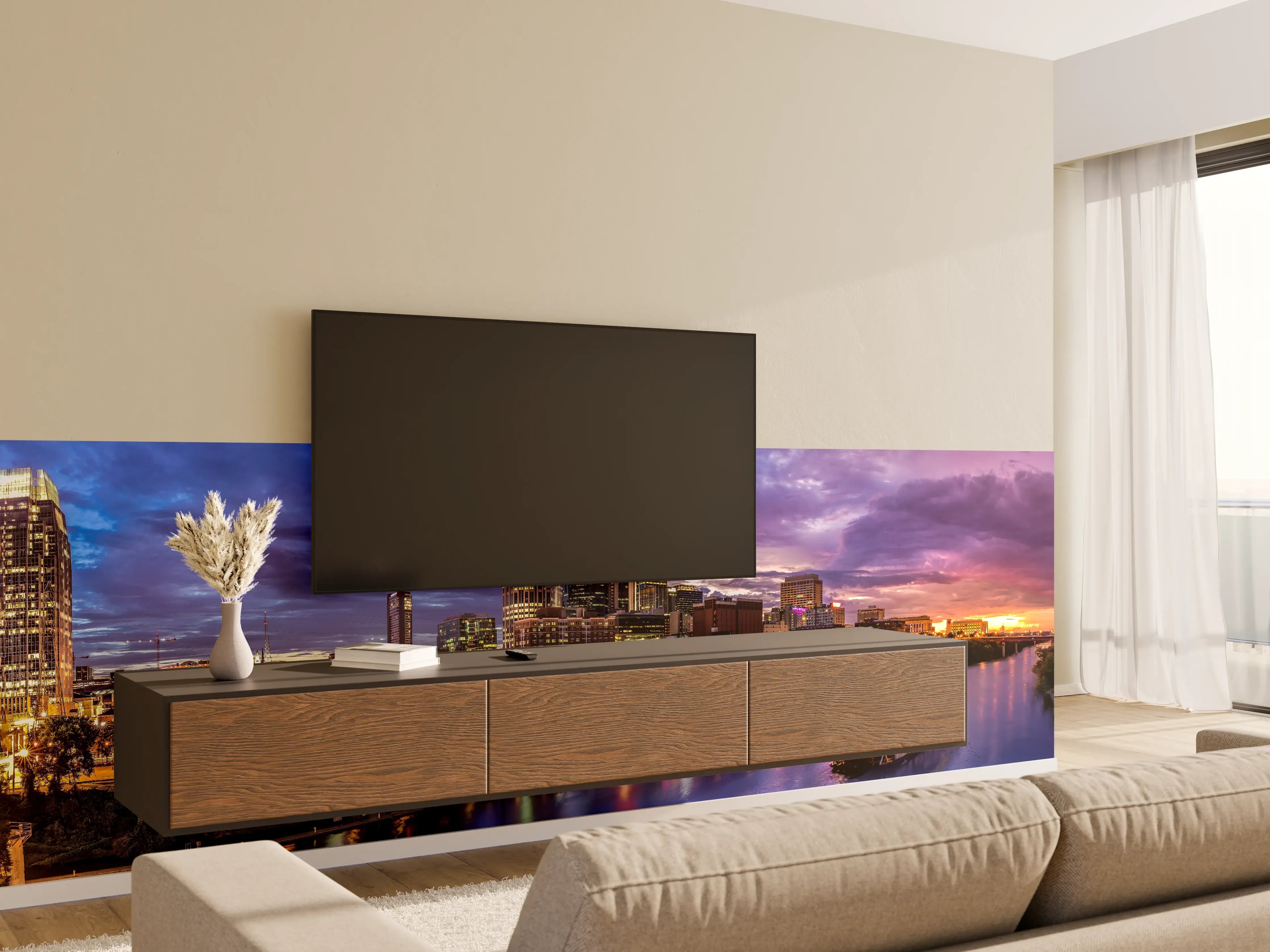 Wandverkleidung Wohnzimmer - Bunte Skyline von Nashville